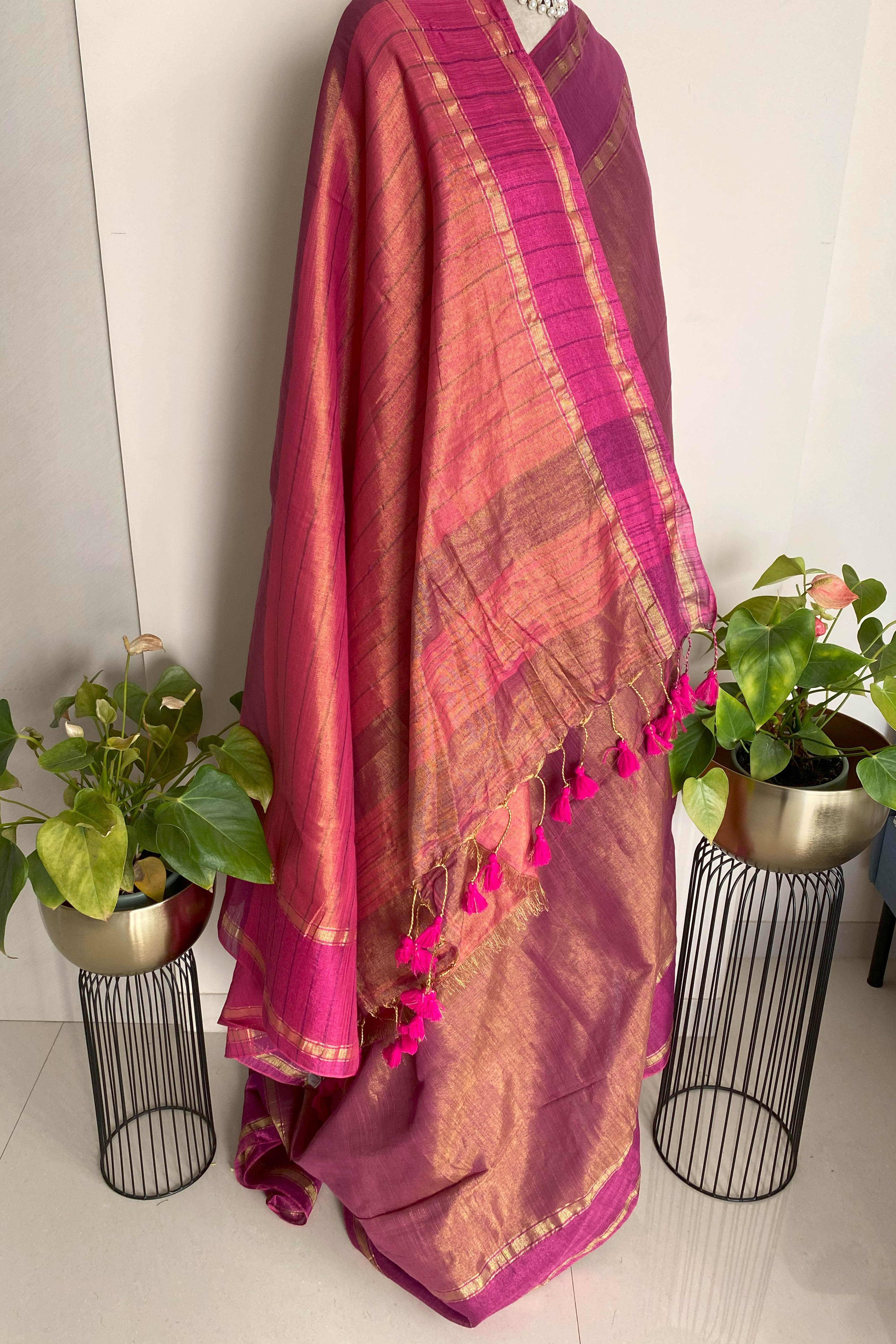 Light & Dark Pink Jamdani Tissue Cotton Saree - Indian Handloomz