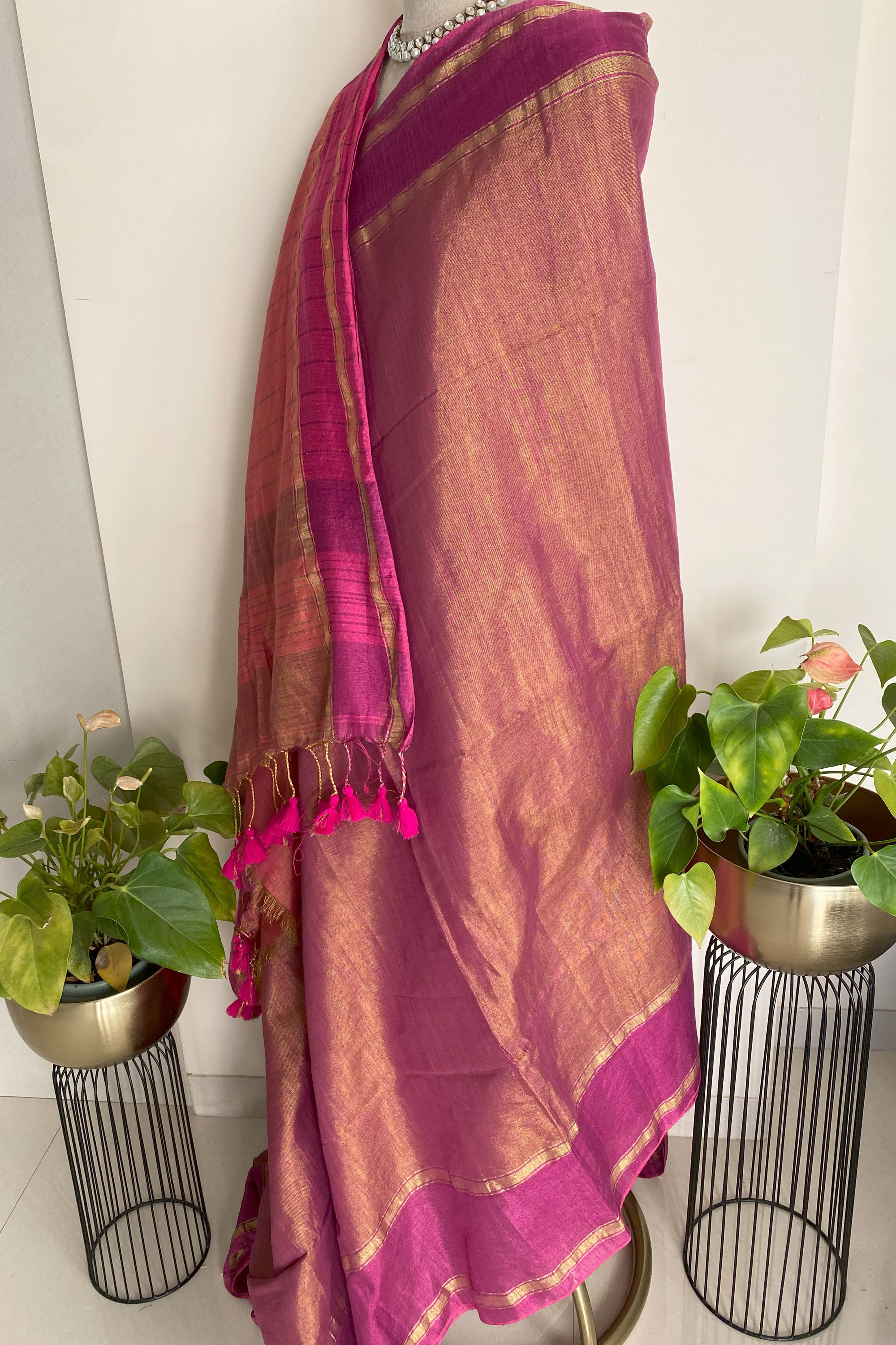 Light & Dark Pink Jamdani Tissue Cotton Saree - Indian Handloomz