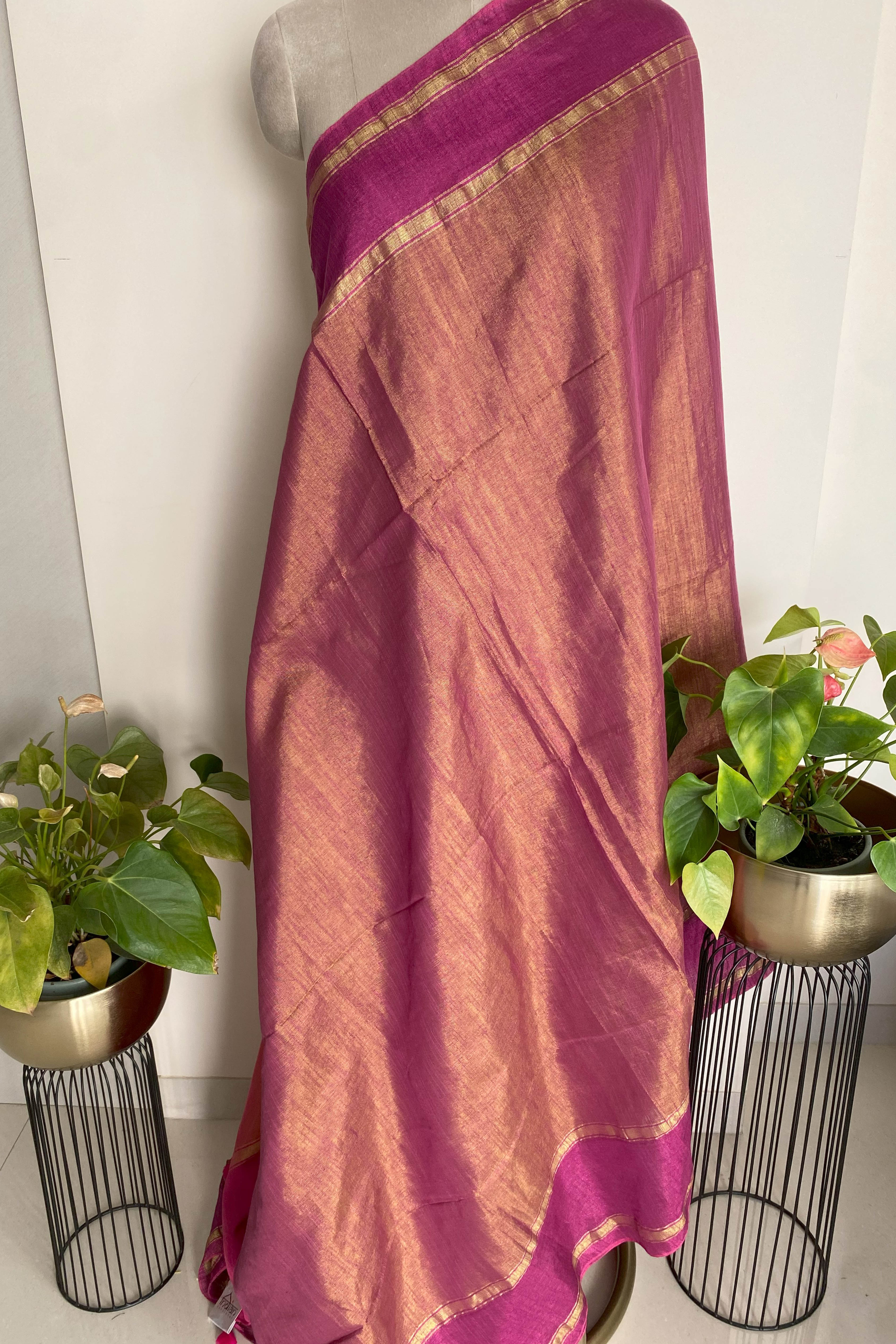 Light & Dark Pink Jamdani Tissue Cotton Saree - Indian Handloomz
