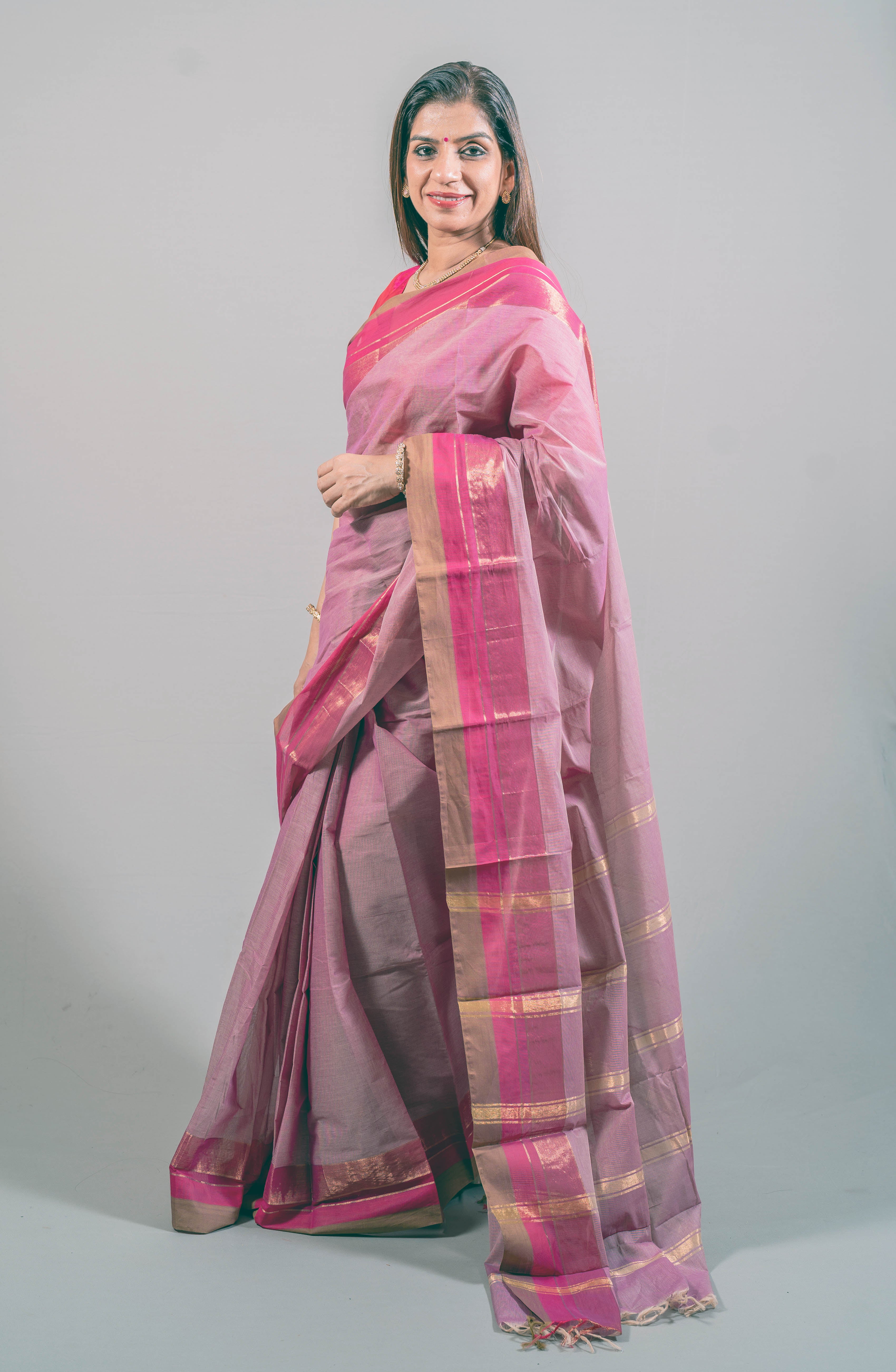 Janki Kanchi Cotton Saree in Light Pink with Broad Dark Pink Border - Indian Handloomz
