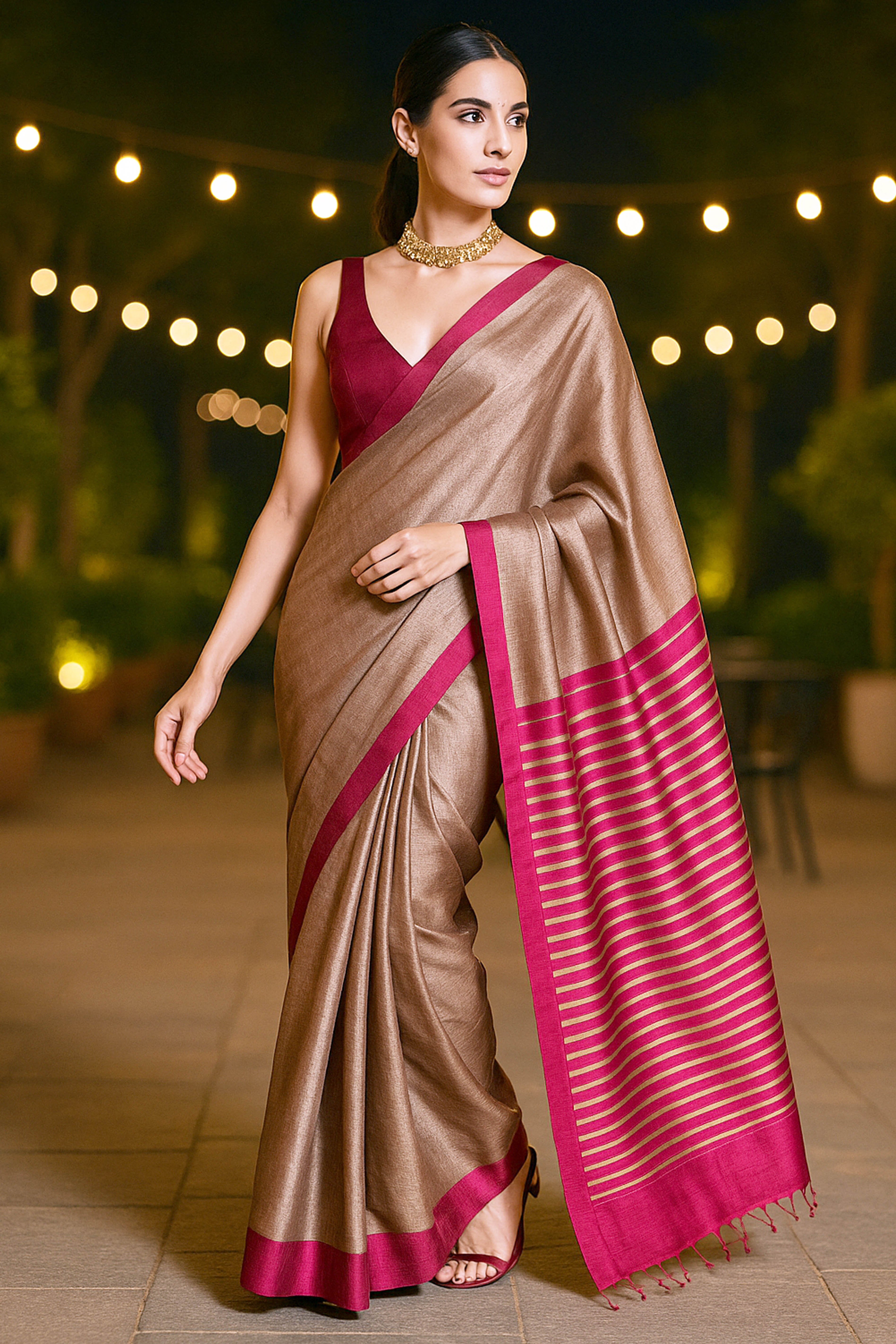 Gitanjali Sand with Pink Rani Resham Border Maheshwari Silk Cotton Tissue Saree - Indian Handloomz