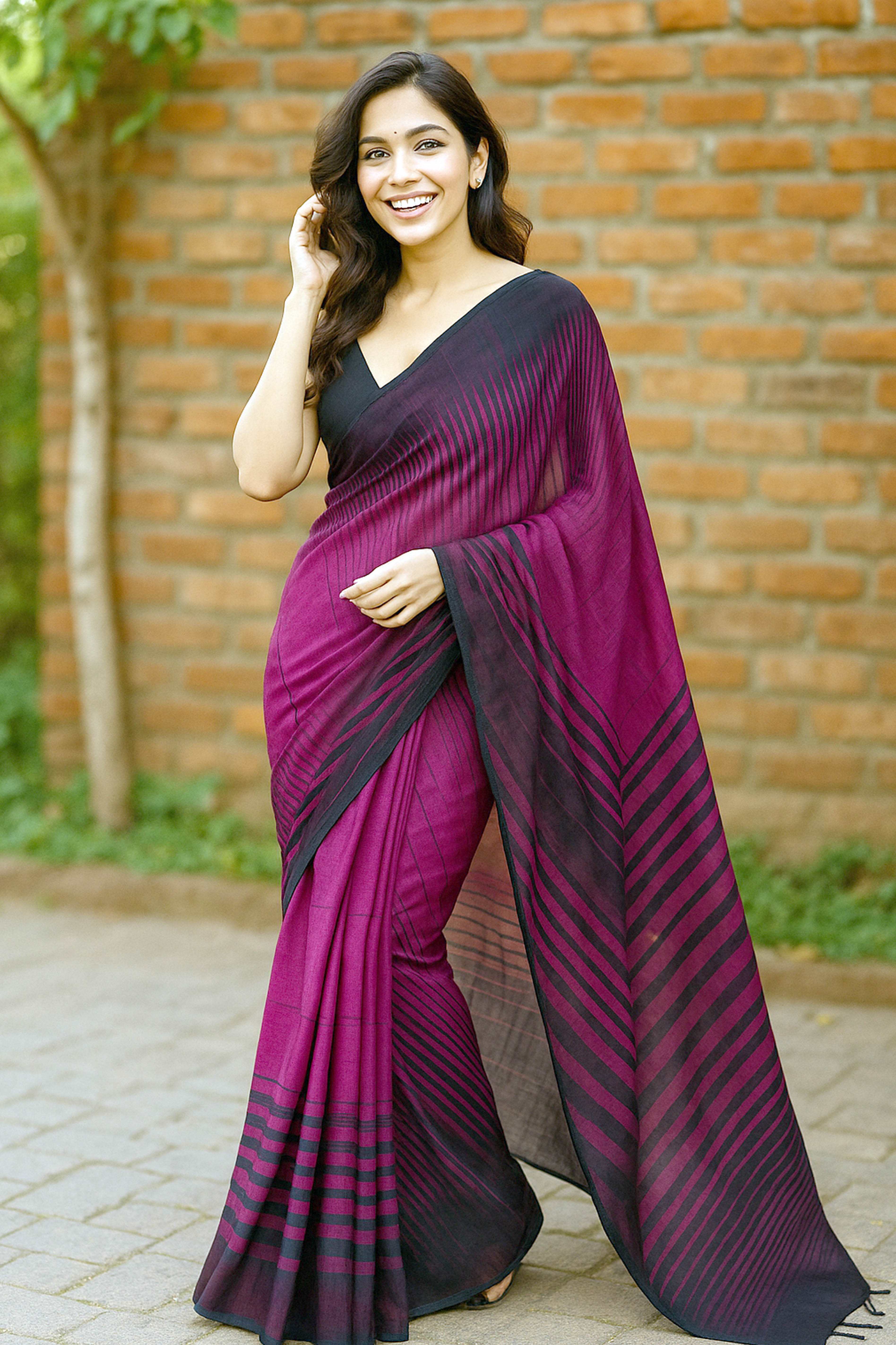 Magenta & Black Cotton Ikkat Saree - Indian Handloomz
