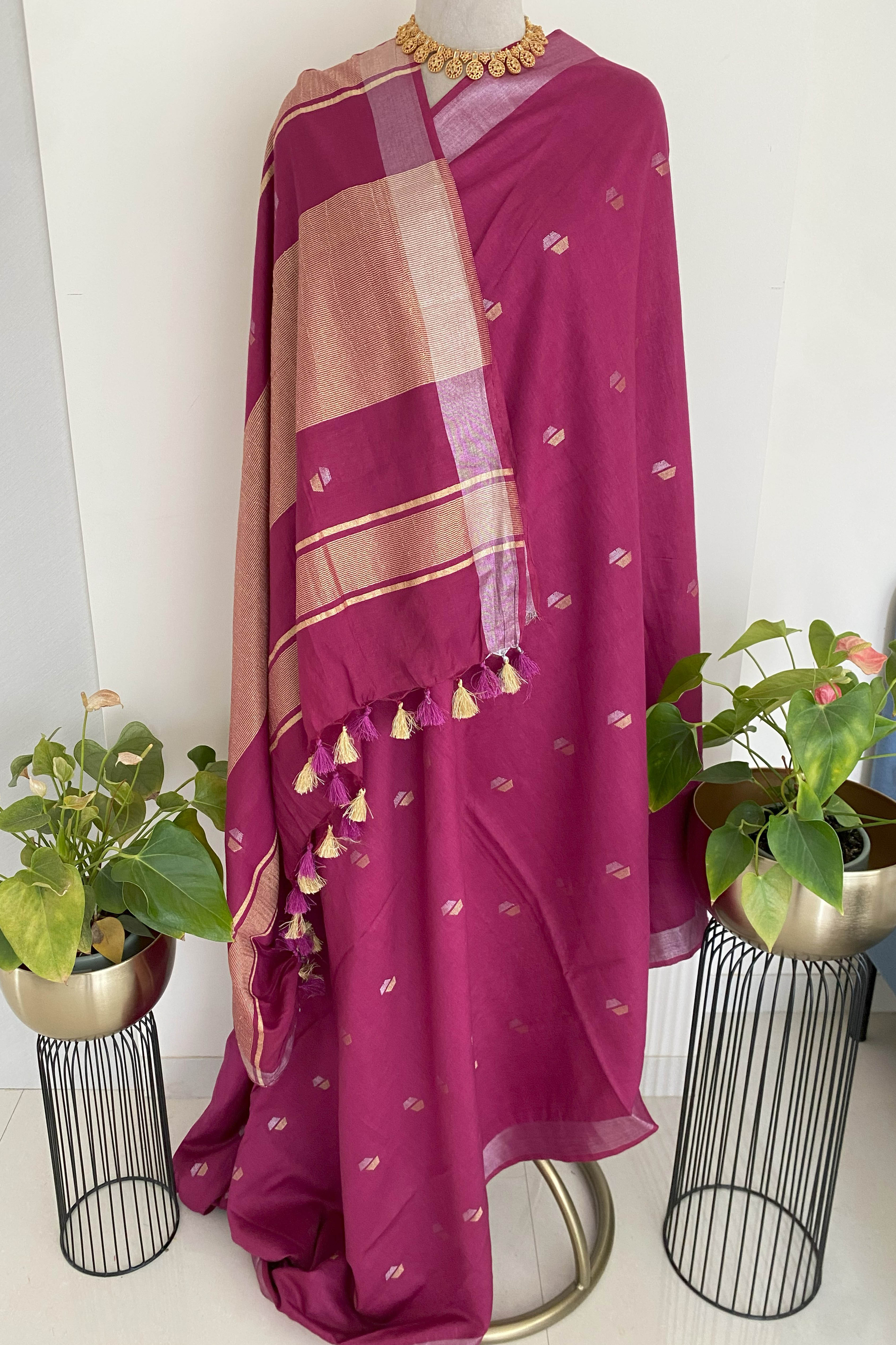 Magenta Cotton Silk Banarasi Saree - Indian Handloomz
