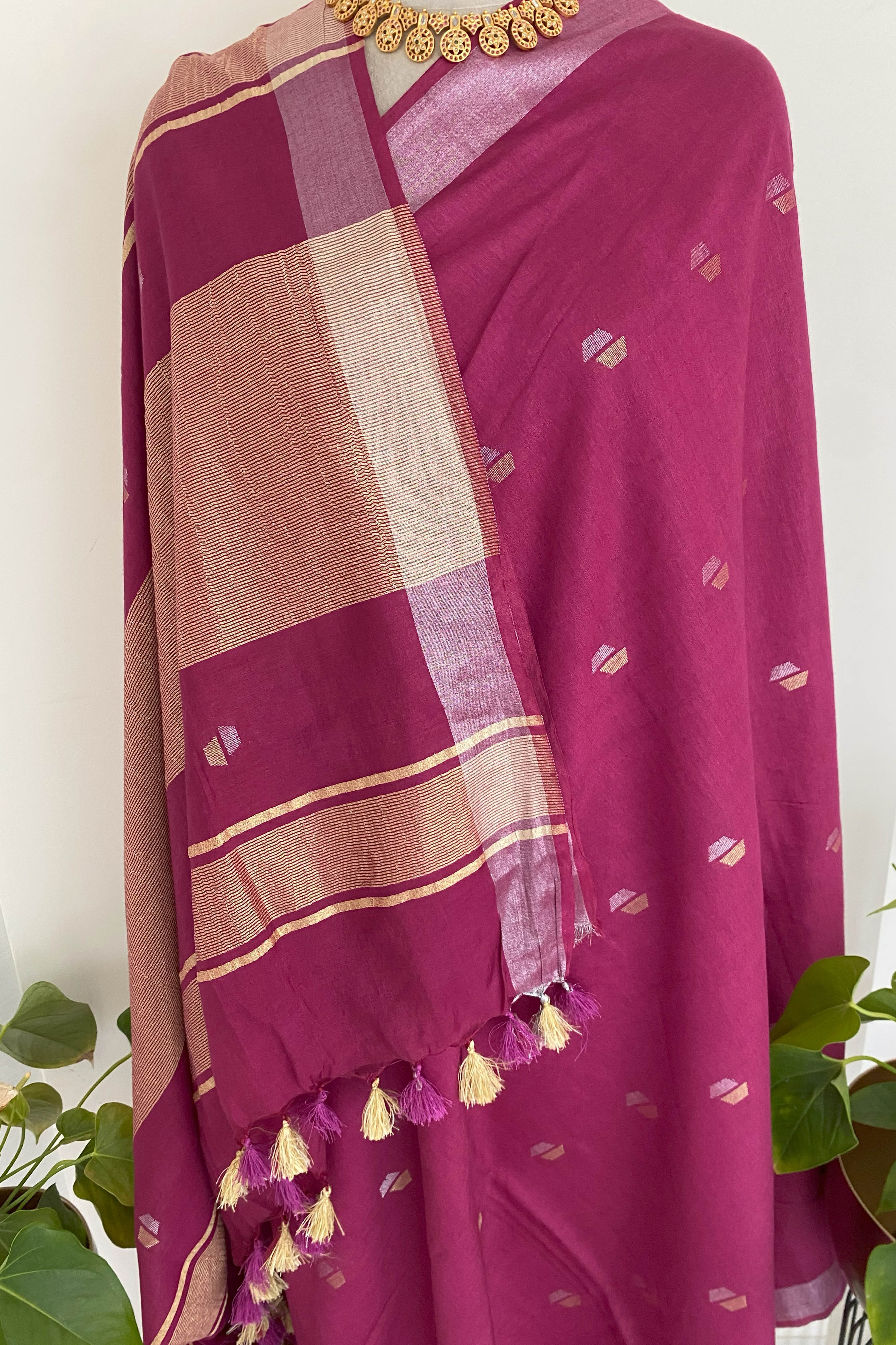 Magenta Cotton Silk Banarasi Saree - Indian Handloomz