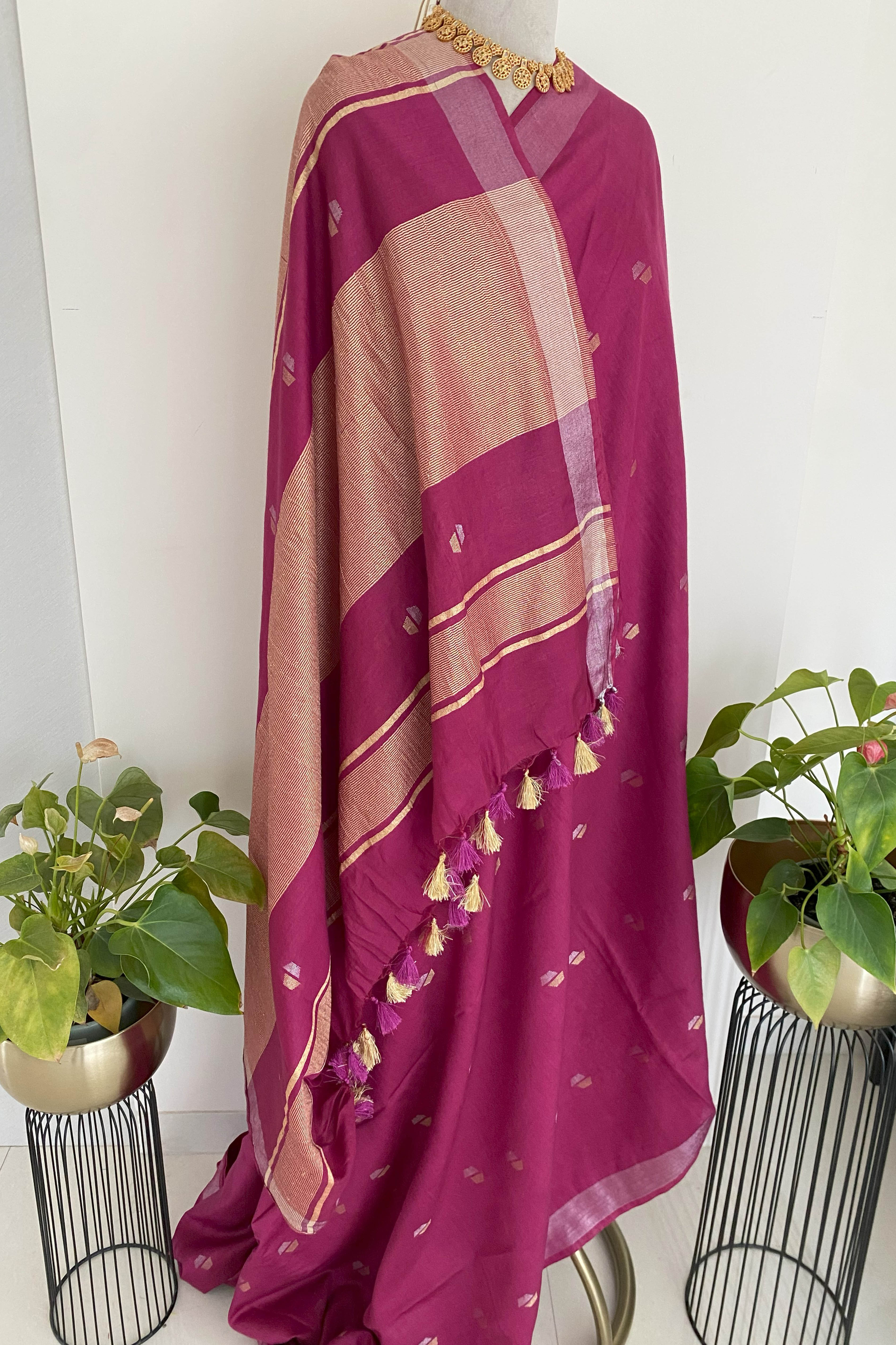 Magenta Cotton Silk Banarasi Saree - Indian Handloomz
