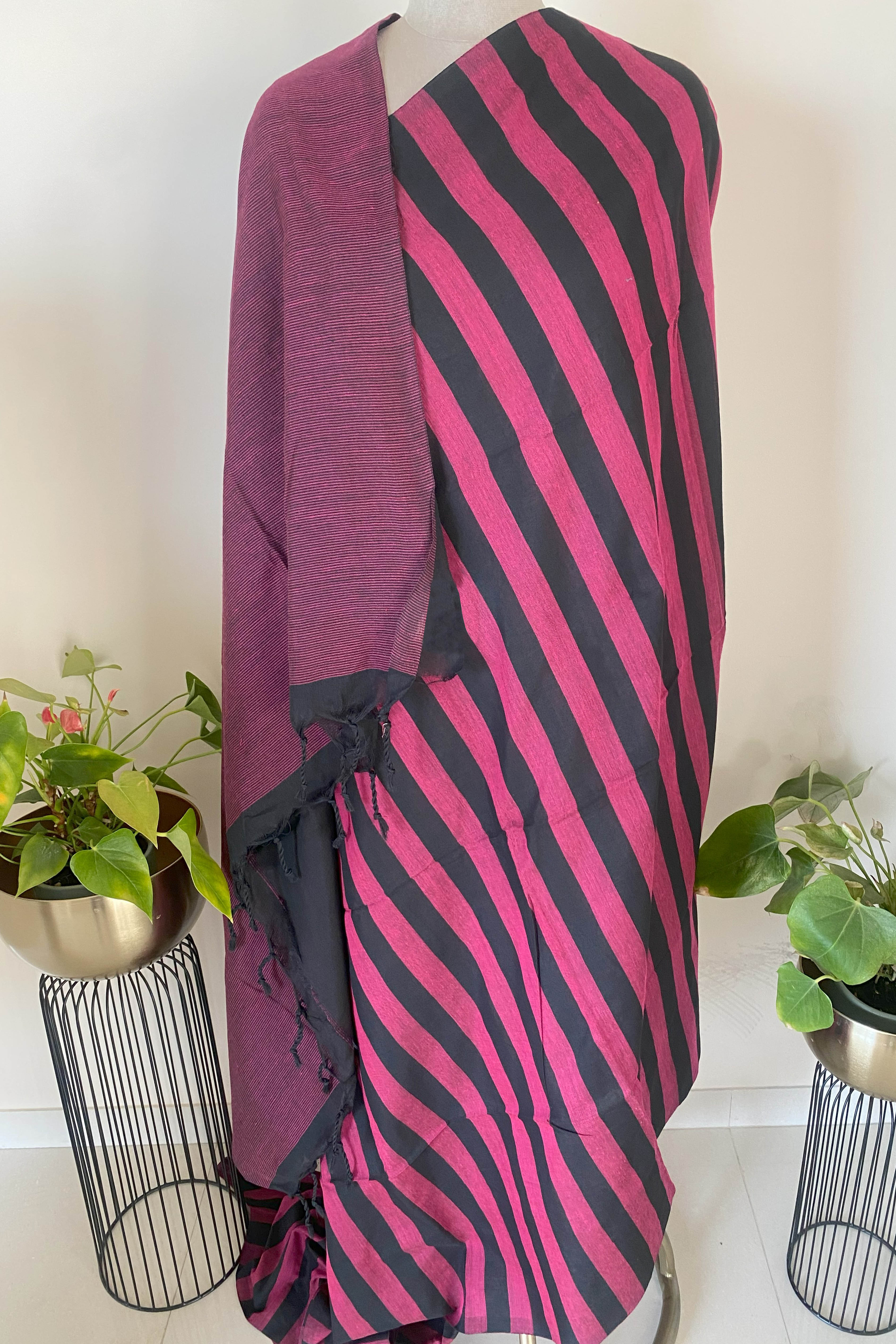 Magenta with Black Striped Cotton Saree - Indian Handloomz
