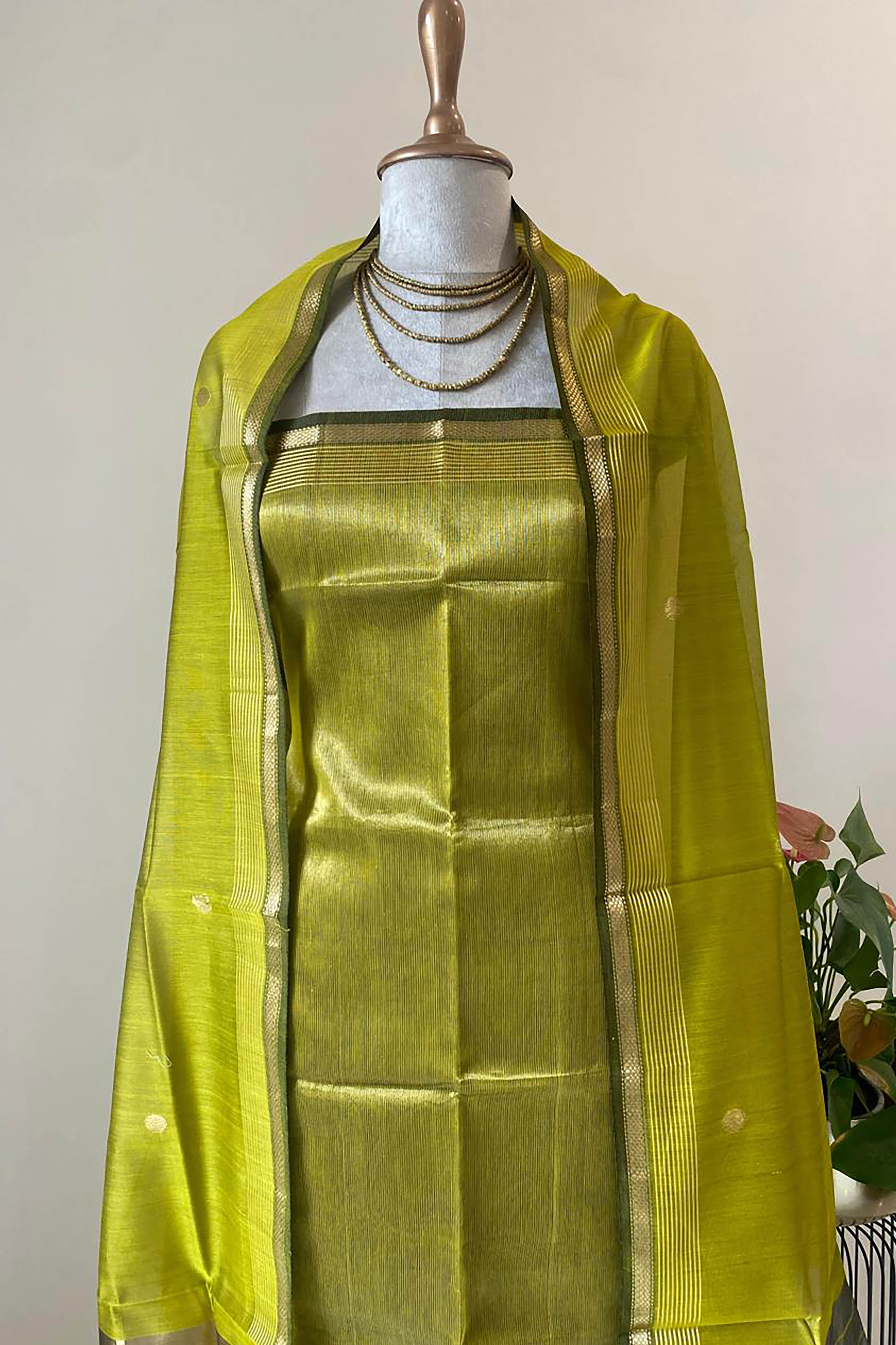 Manorama Golden Yellow Colour Tissue Cotton Silk Maheshwari Unstitched Suit Set - Indian Handloomz