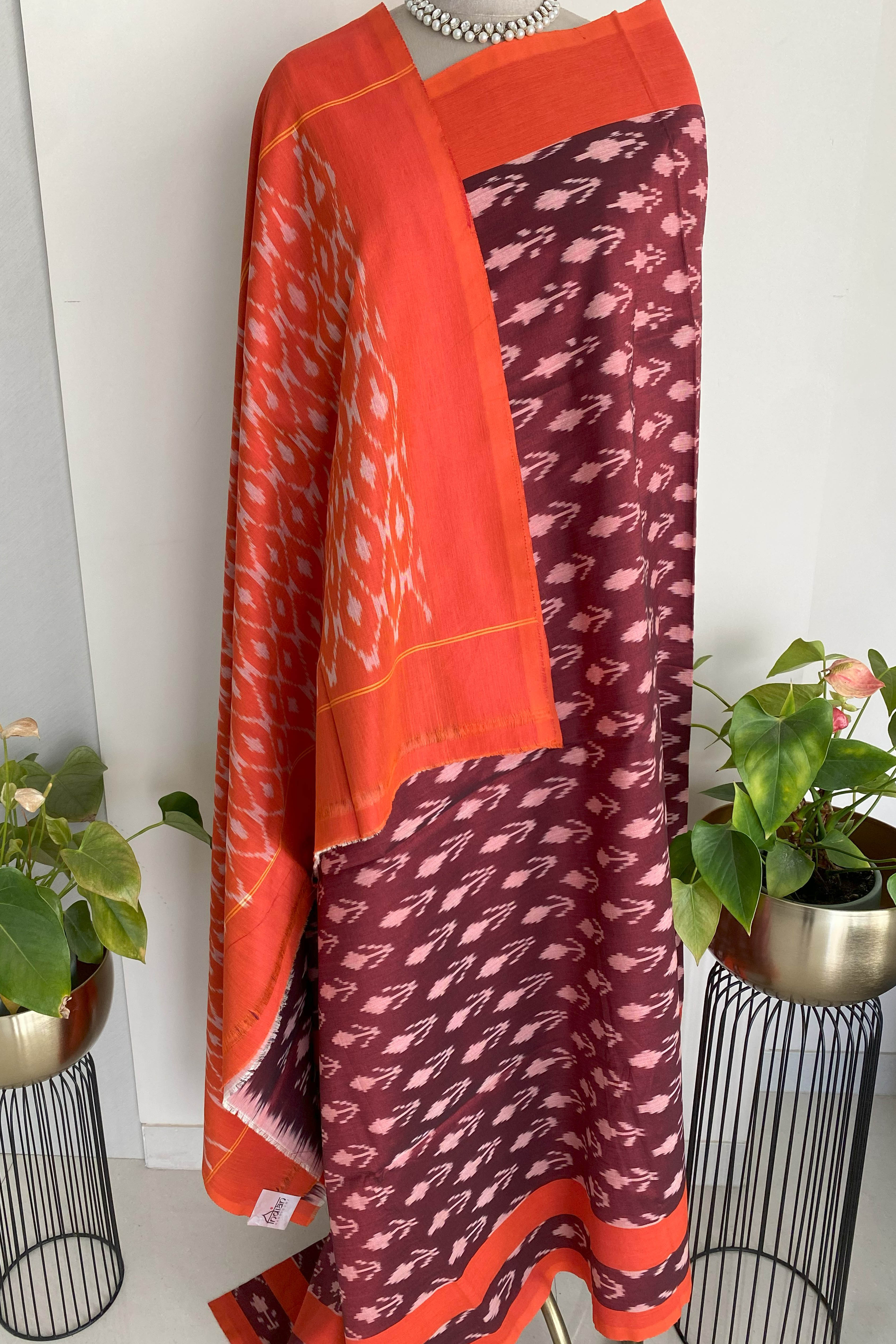 Maroon & Orange Cotton Silk Ikkat Saree - Indian Handloomz