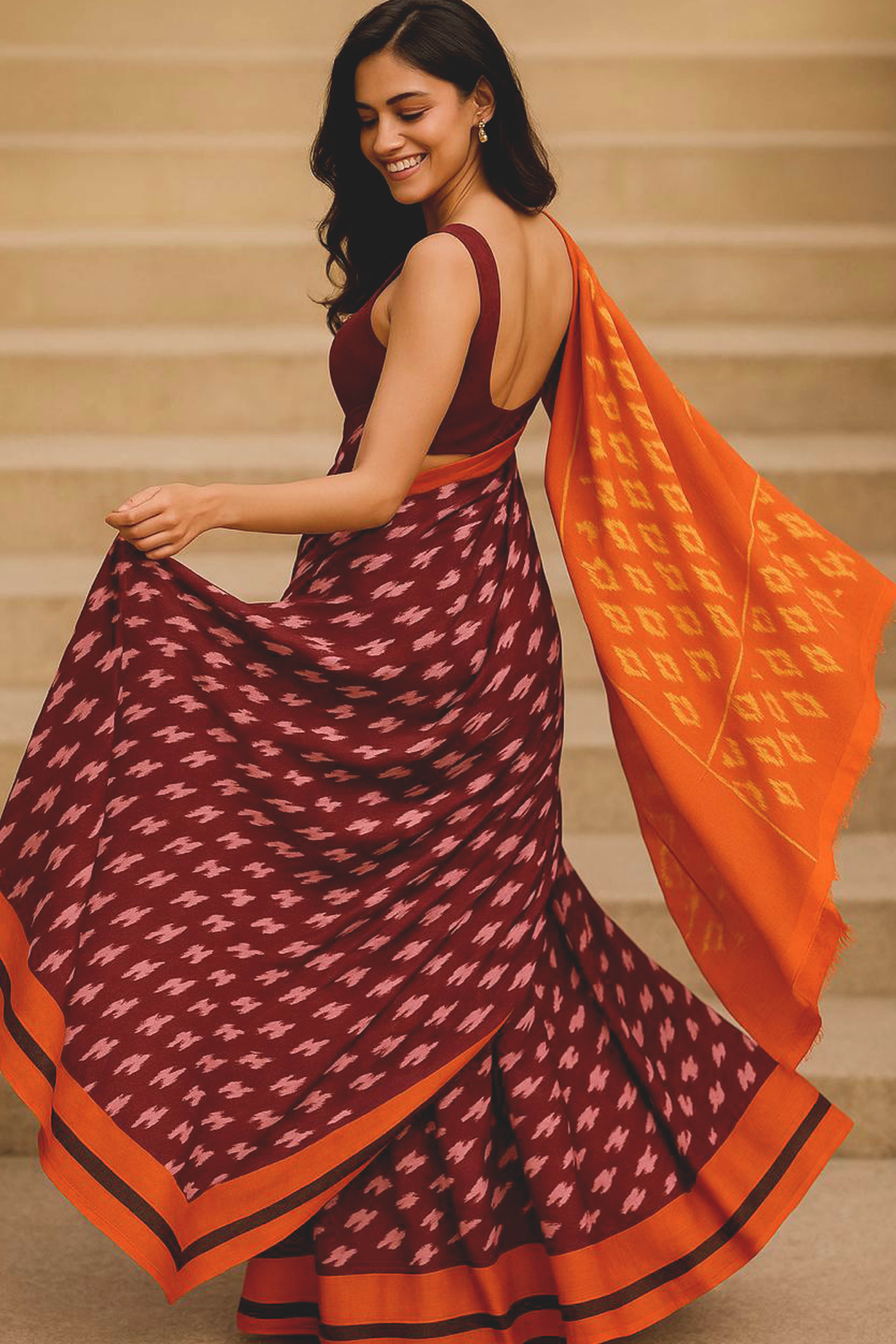 Maroon & Orange Cotton Silk Ikkat Saree - Indian Handloomz