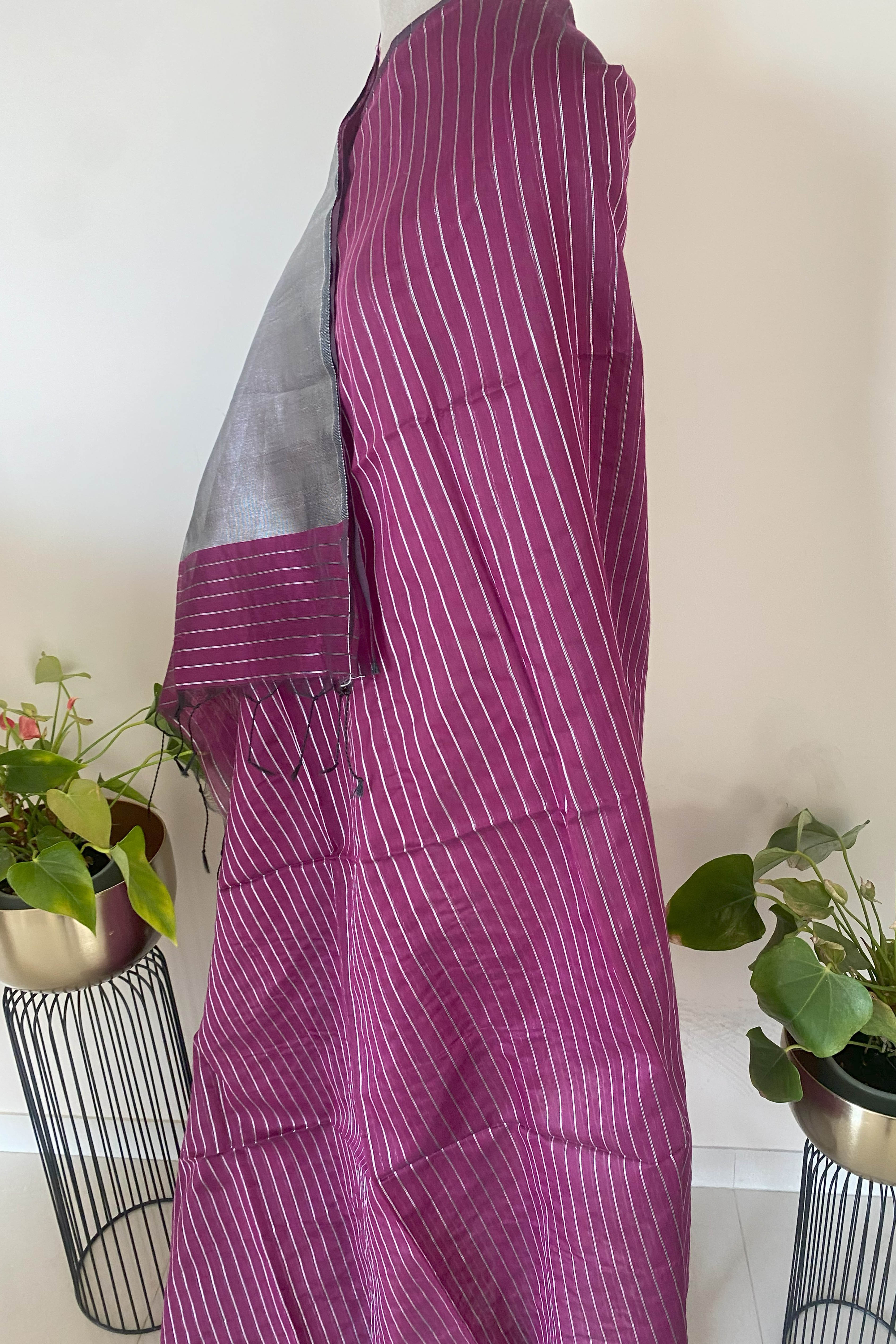 Maroon & Silver Jamdani Cotton Saree - Indian Handloomz