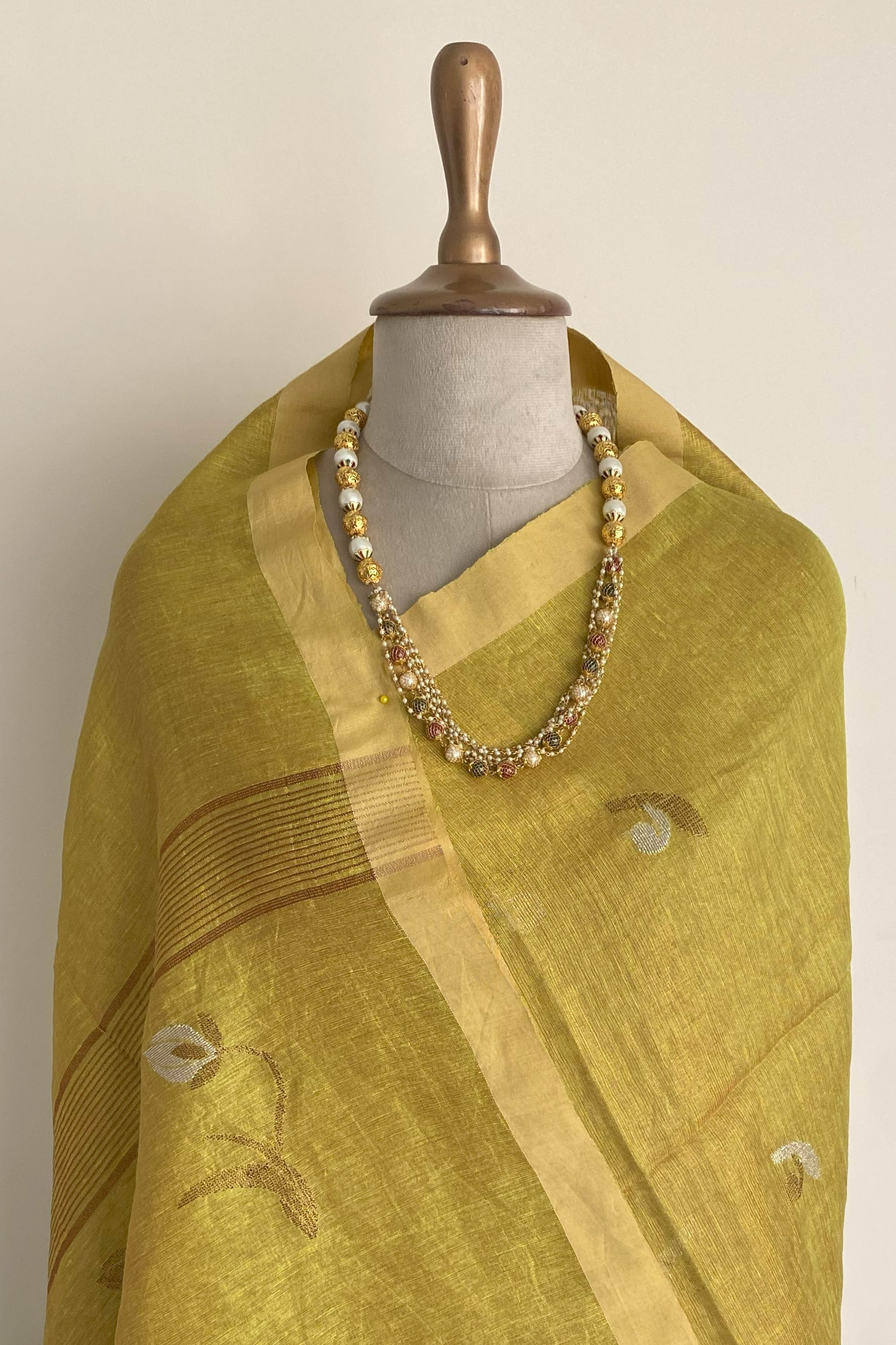 Maya Tissue Linen Saree in Golden Yellowish Green & Yellow Border - Indian Handloomz