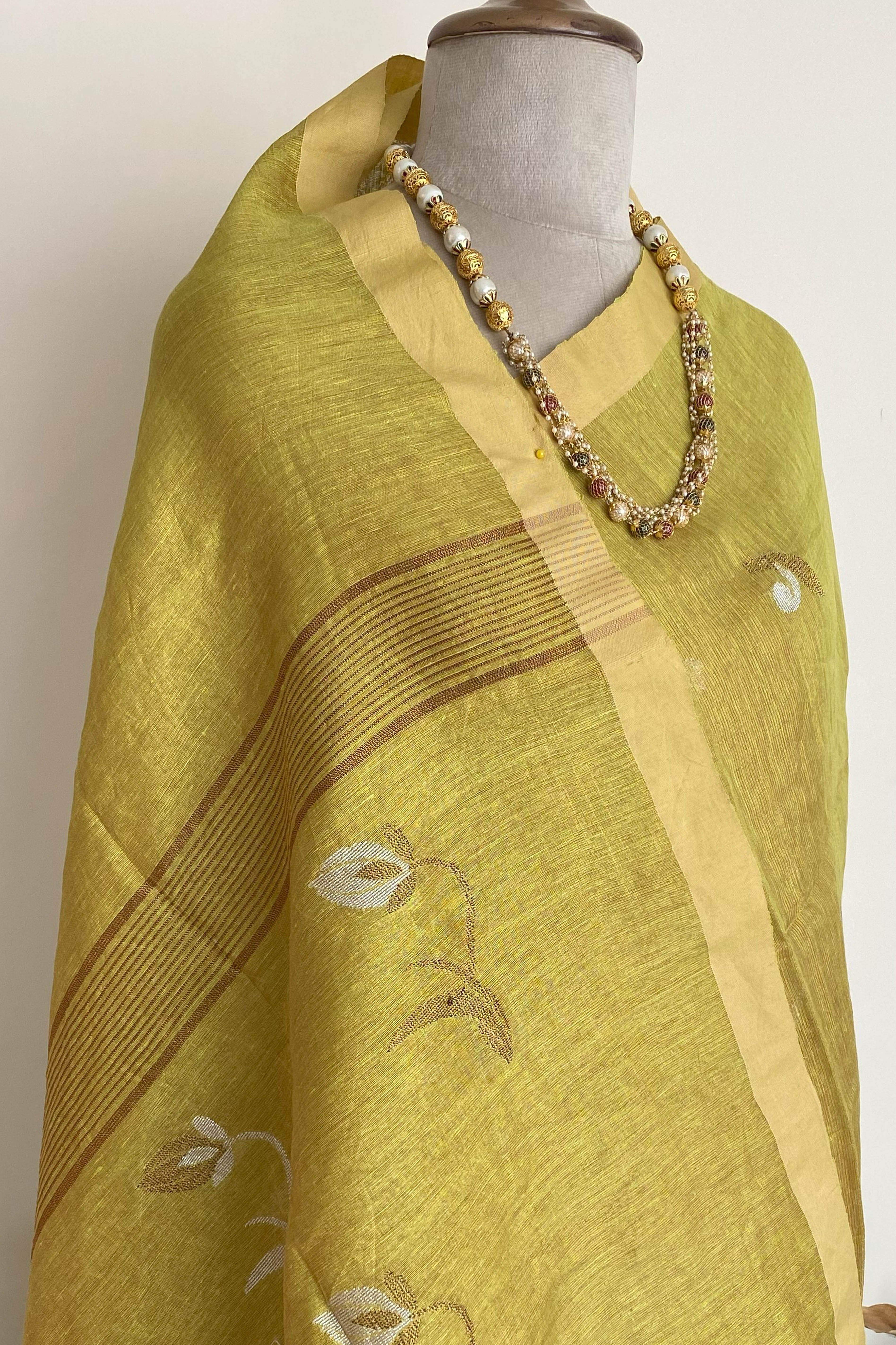 Maya Tissue Linen Saree in Golden Yellowish Green & Yellow Border - Indian Handloomz