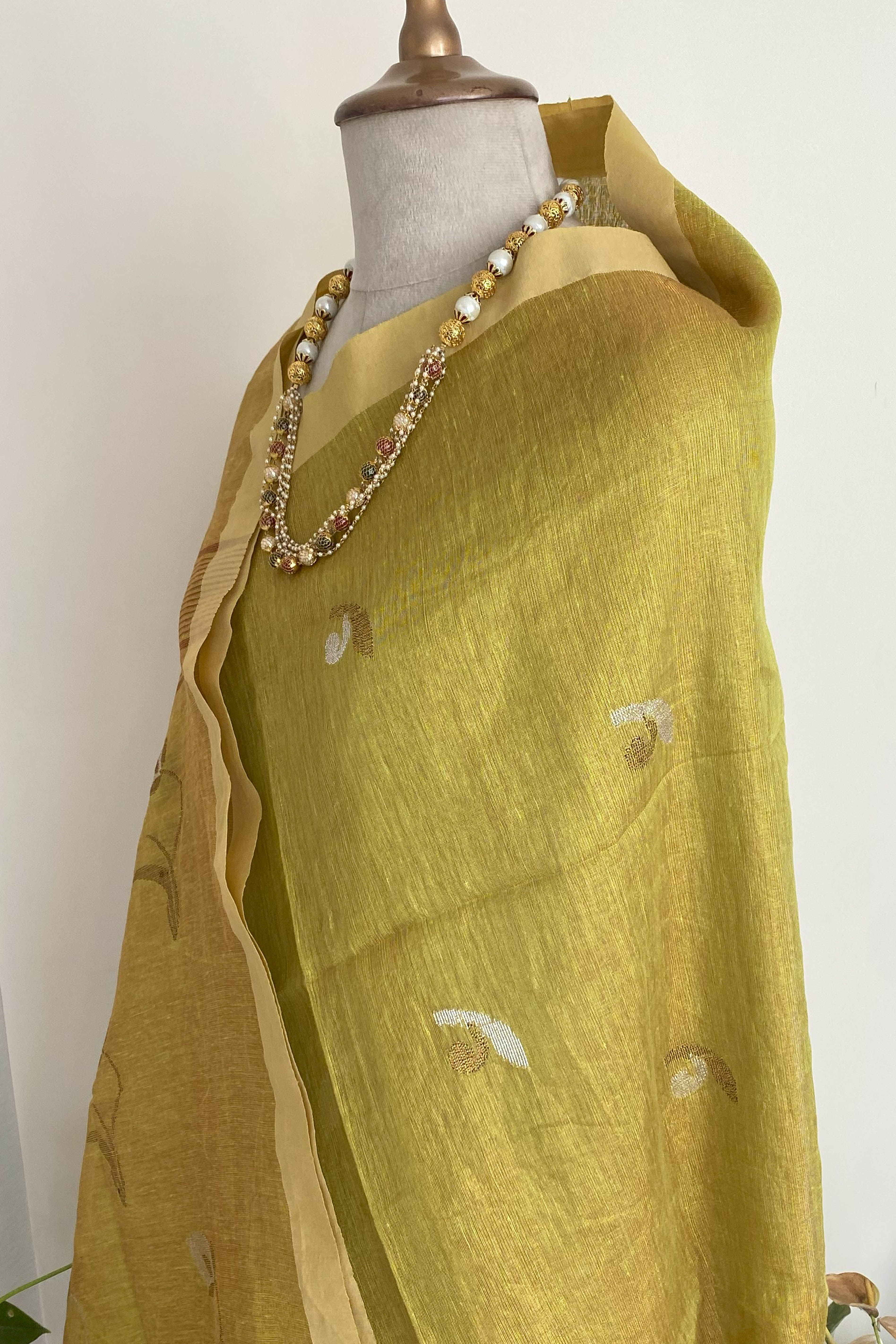 Maya Tissue Linen Saree in Golden Yellowish Green & Yellow Border - Indian Handloomz