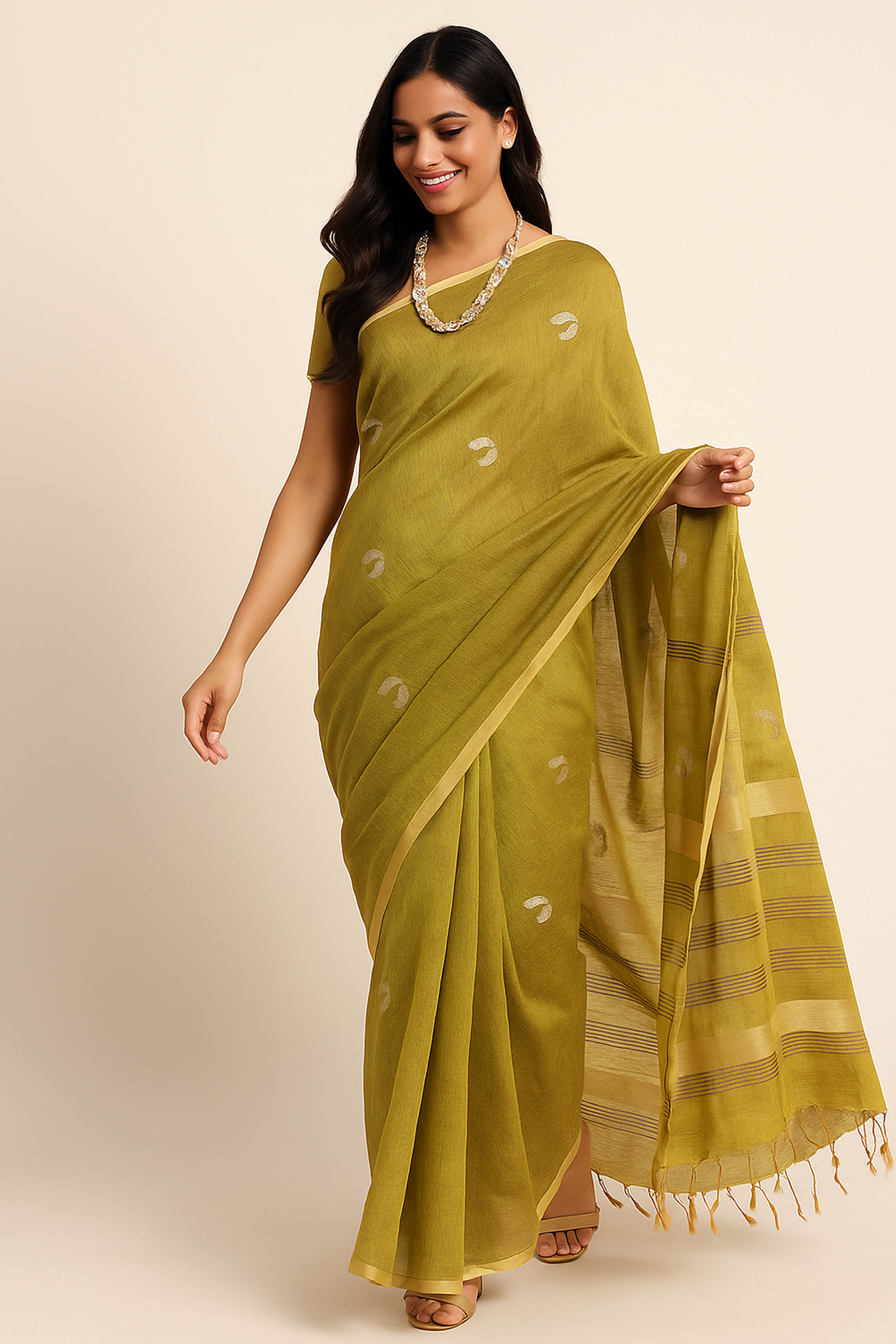 Maya Tissue Linen Saree in Golden Yellowish Green & Yellow Border - Indian Handloomz