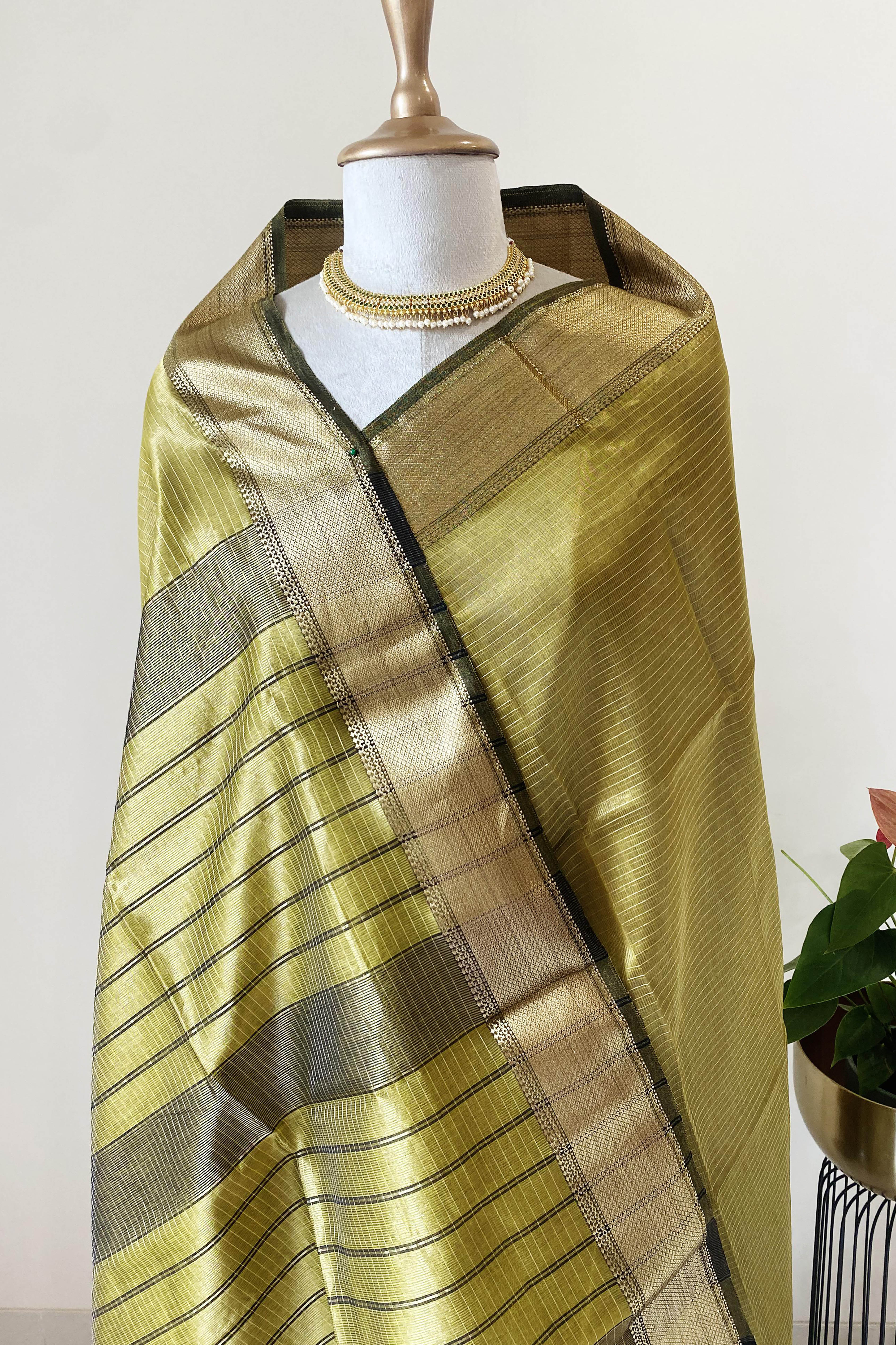 Pritha Mehndi Green & Golden Maheshwari Silk Cotton Tissue Saree - Indian Handloomz