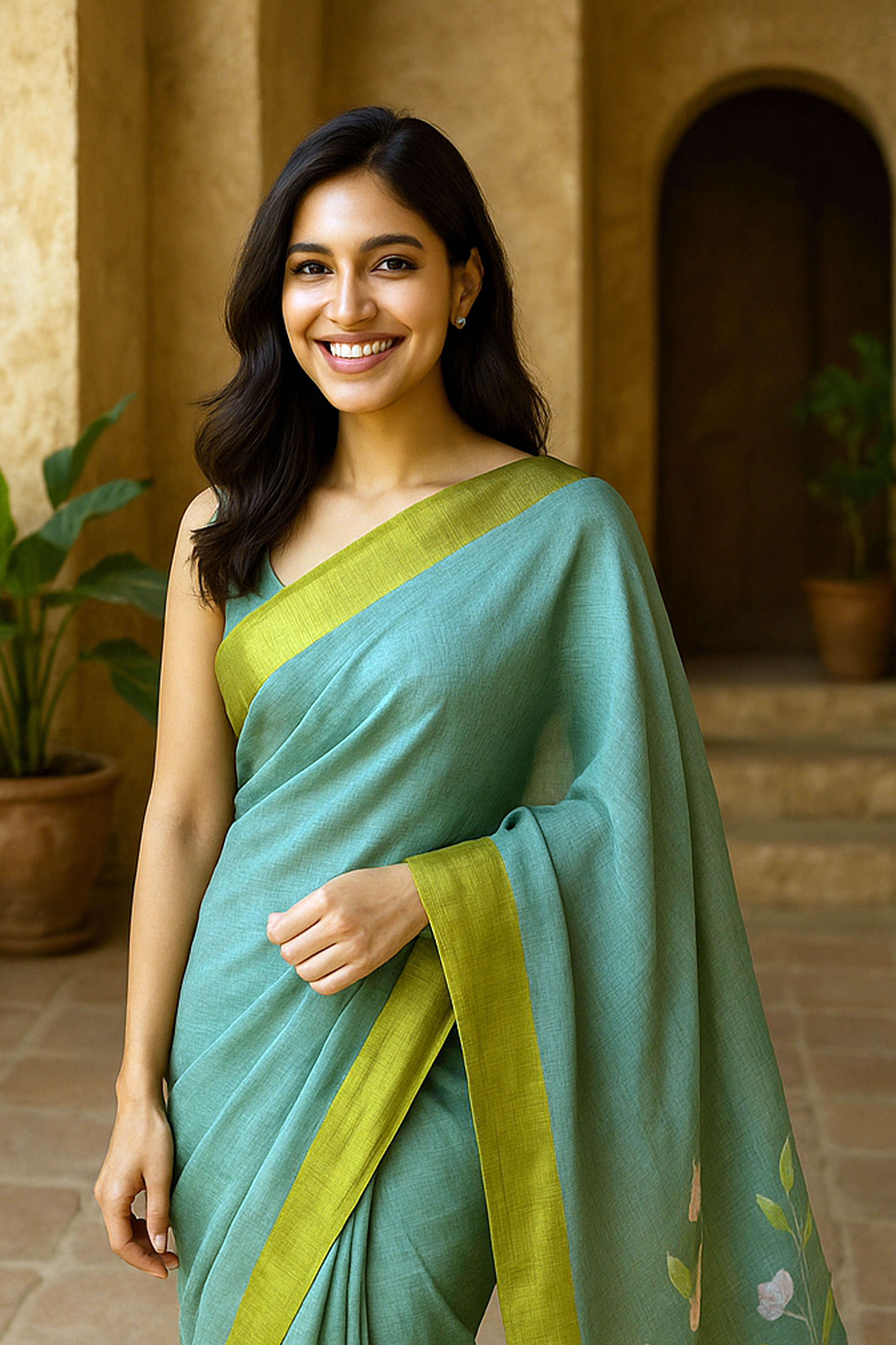 Mul Cotton Saree in Mint green with Lime Green Skirt Border - Indian Handloomz