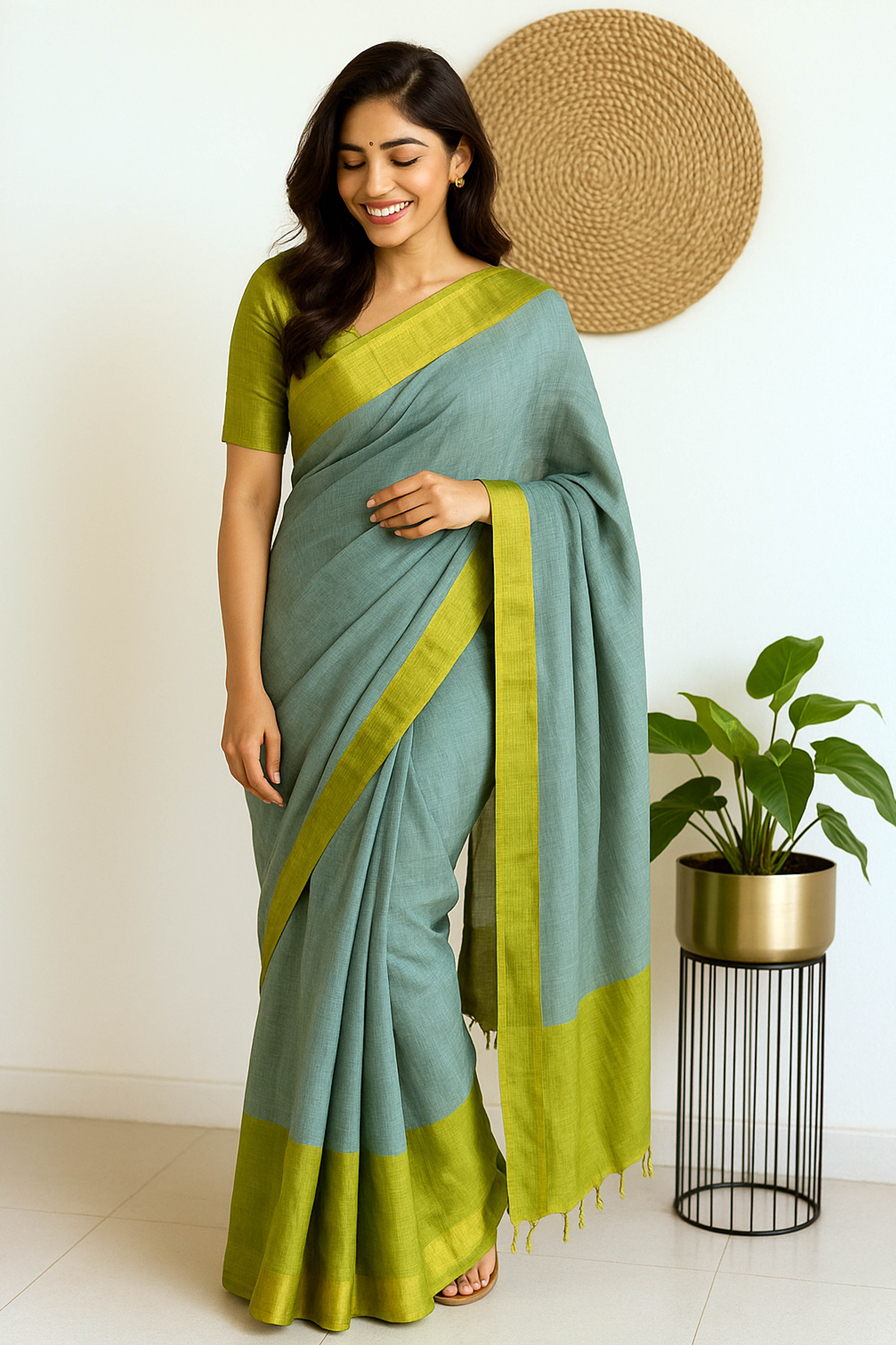 Mul Cotton Saree in Mint green with Lime Green Skirt Border - Indian Handloomz