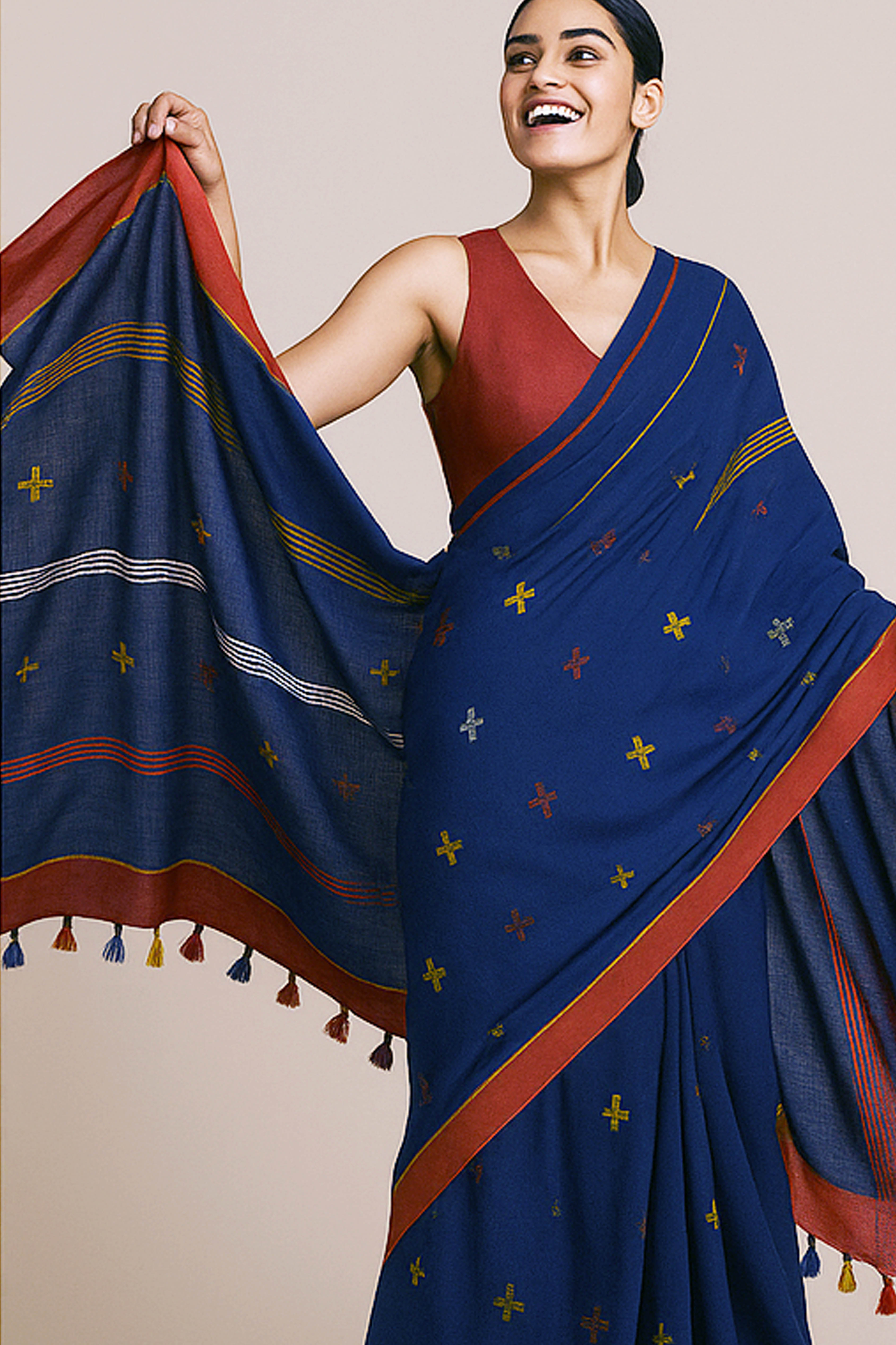 Navy Blue Jamdani Cotton Saree - Indian Handloomz