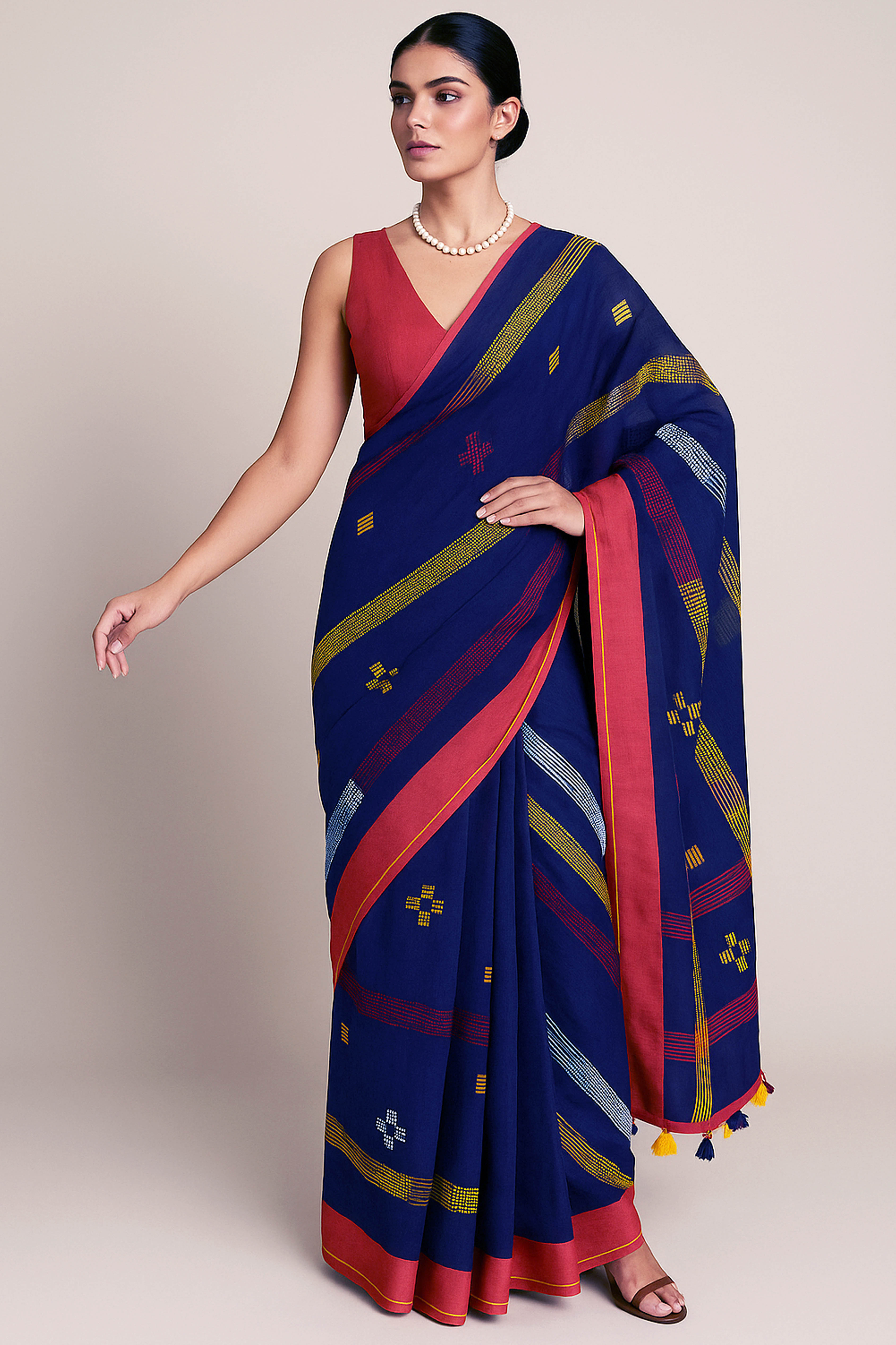 Navy Blue Jamdani Cotton Saree - Indian Handloomz