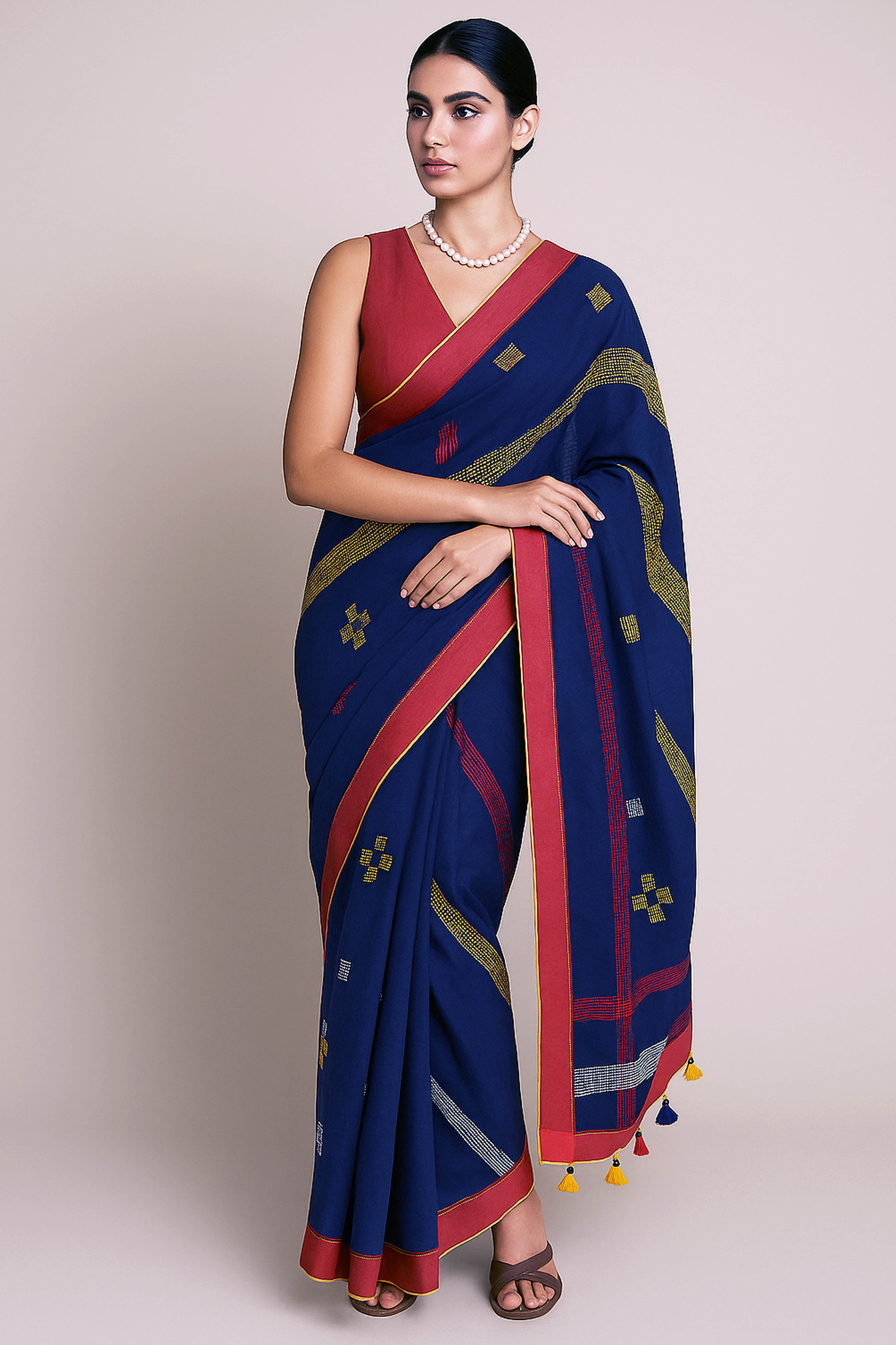 Navy Blue Jamdani Cotton Saree - Indian Handloomz