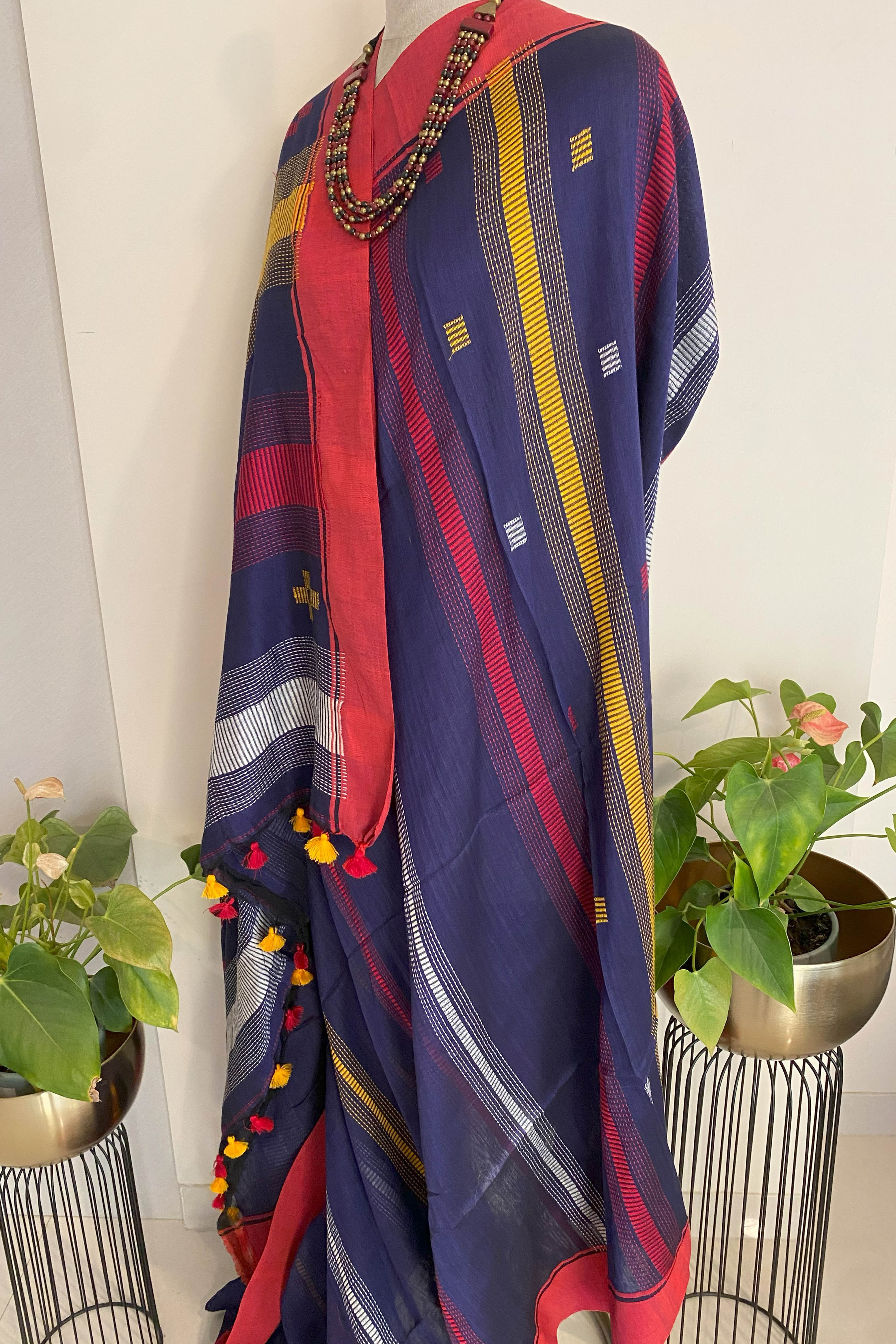 Navy Blue Jamdani Cotton Saree - Indian Handloomz