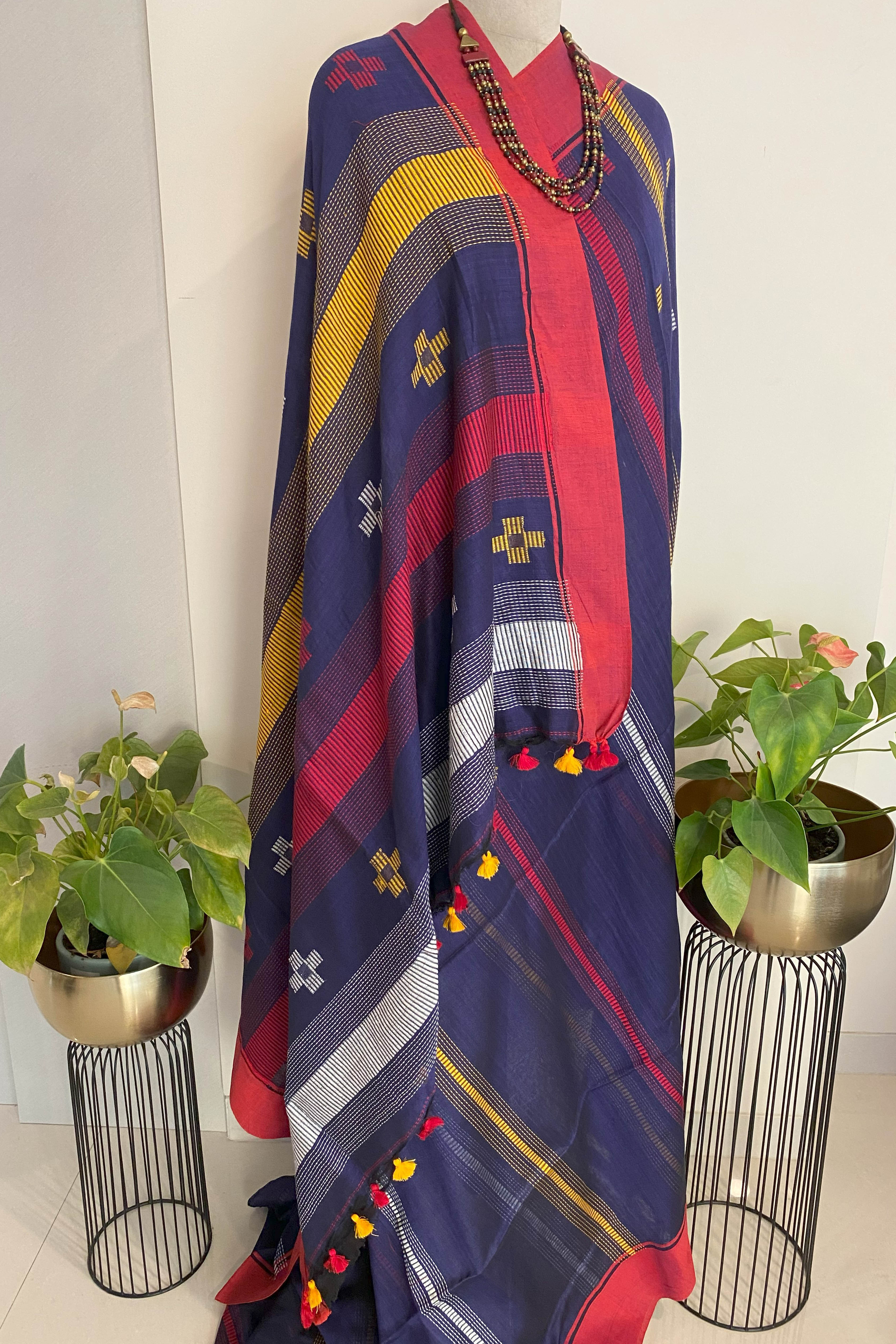 Navy Blue Jamdani Cotton Saree - Indian Handloomz