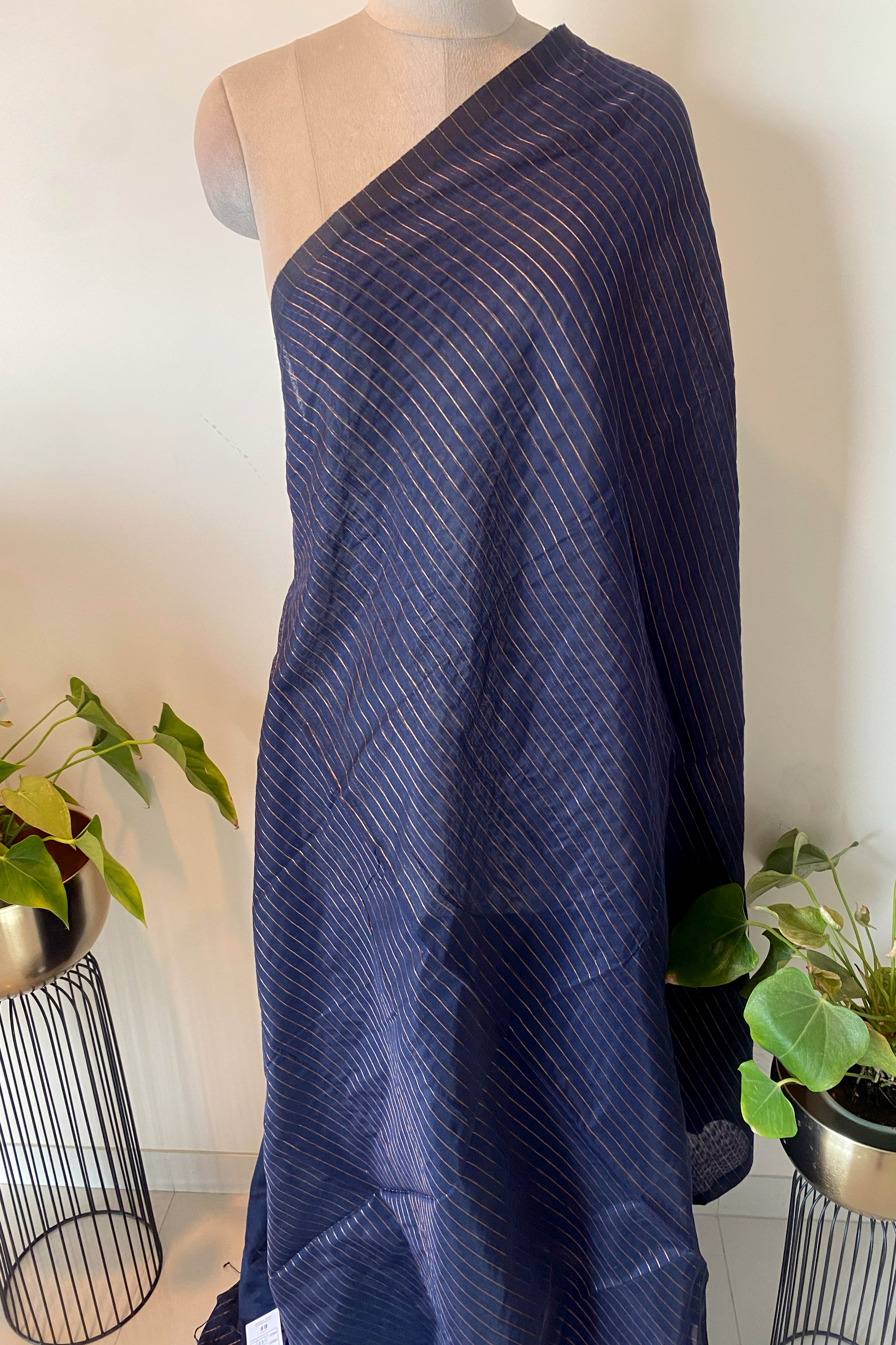 Navy Blue Zari Striped Saree - Indian Handloomz