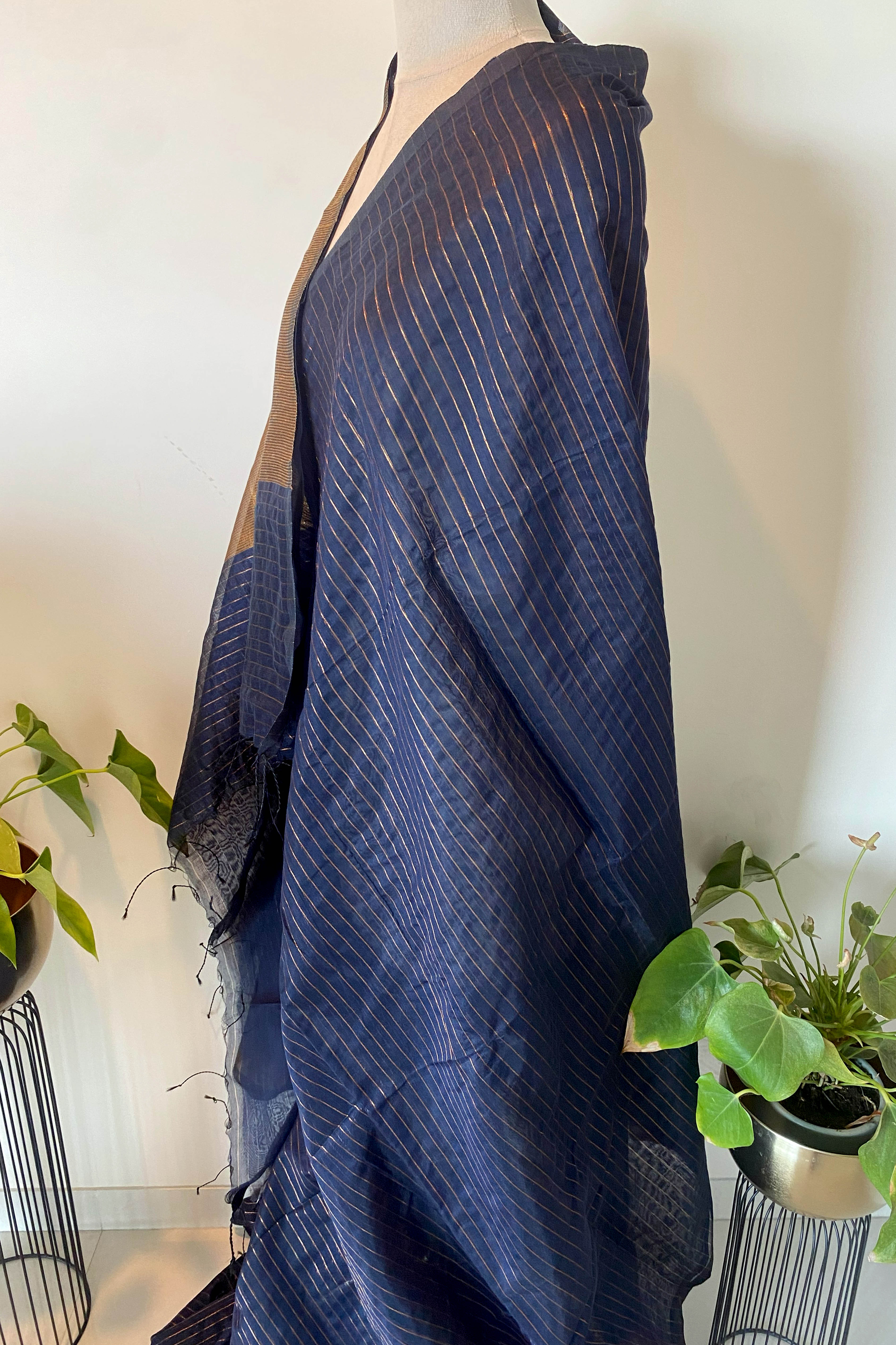 Navy Blue Zari Striped Saree - Indian Handloomz