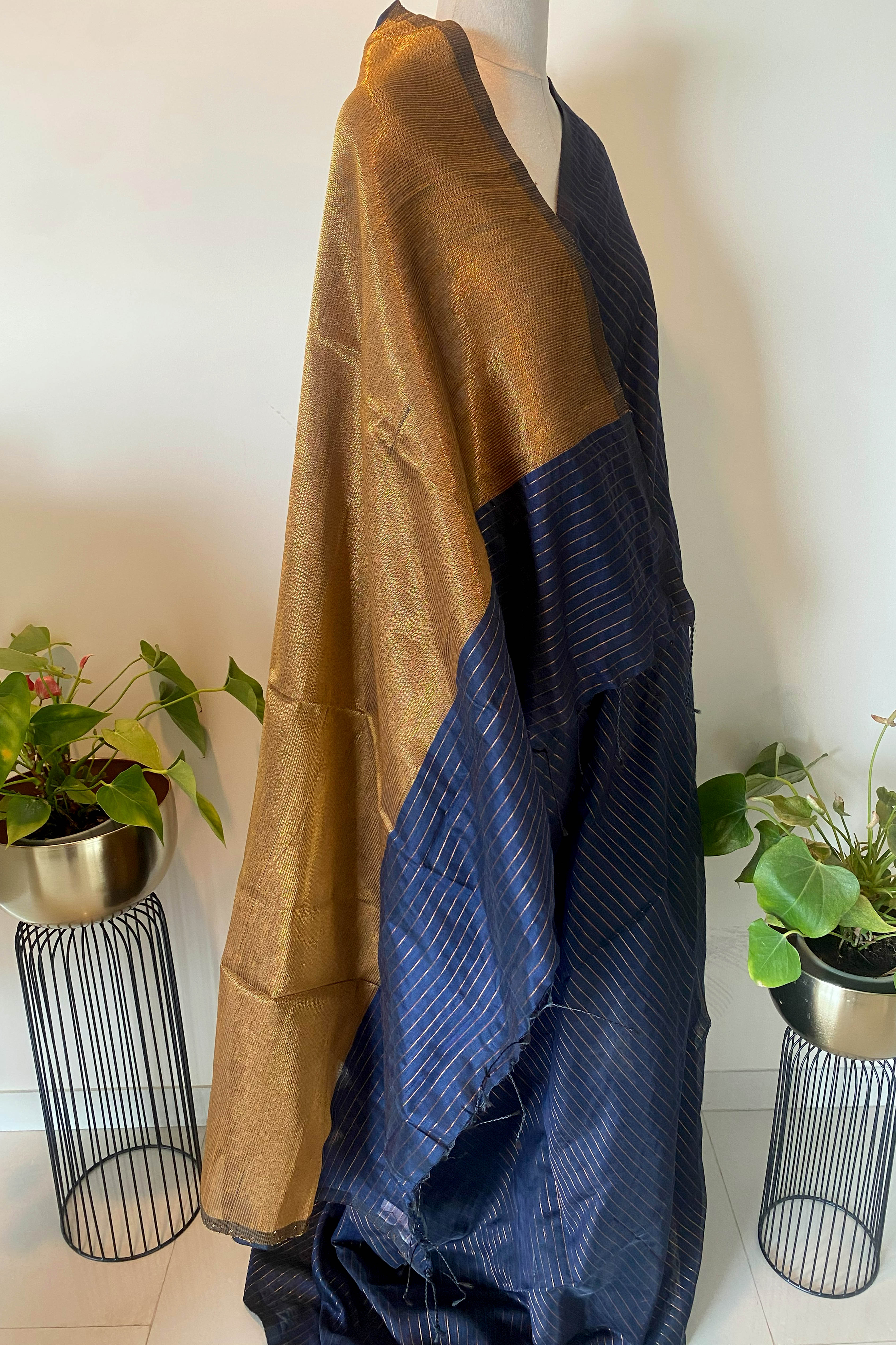 Navy Blue Zari Striped Saree - Indian Handloomz