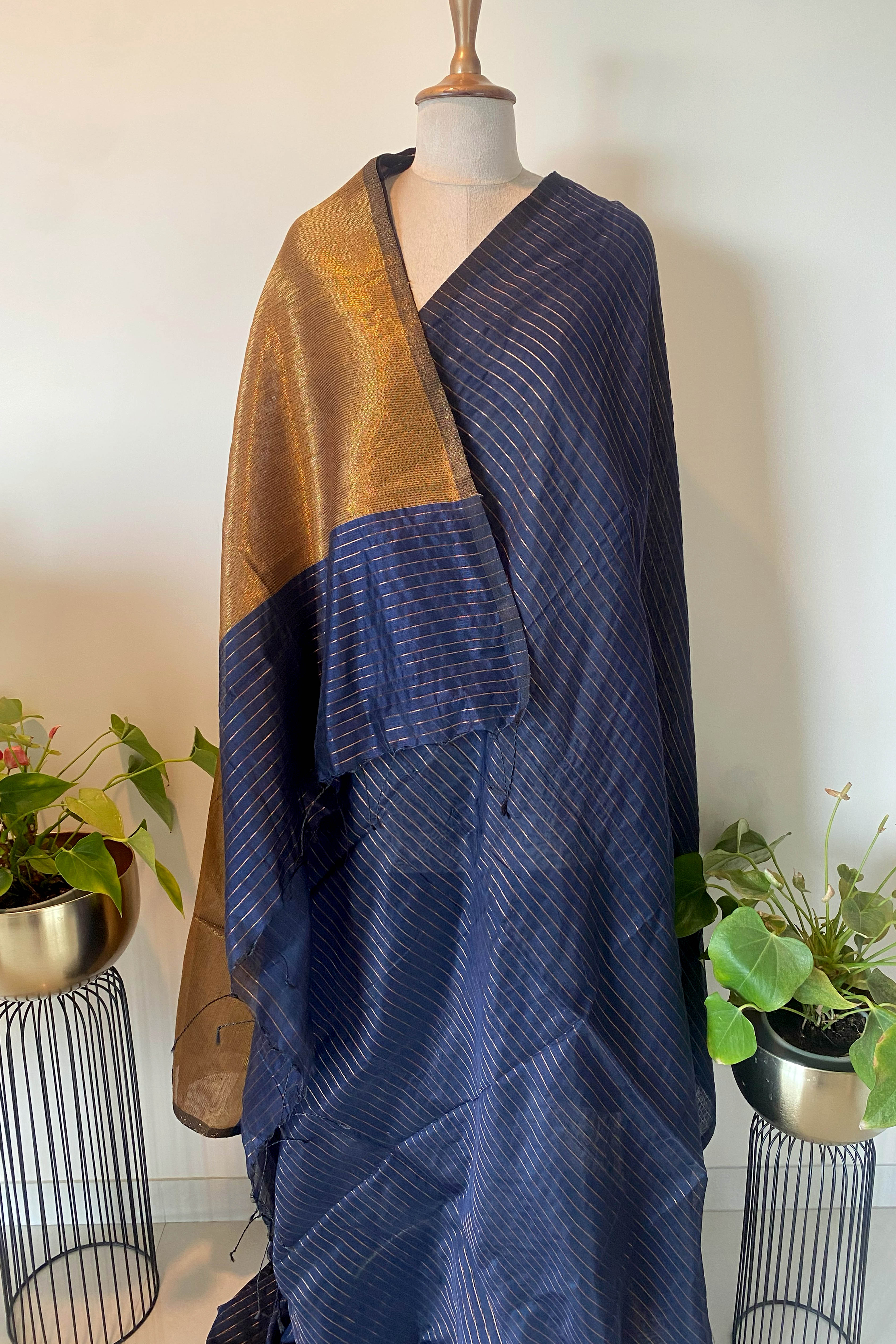 Navy Blue Zari Striped Saree - Indian Handloomz