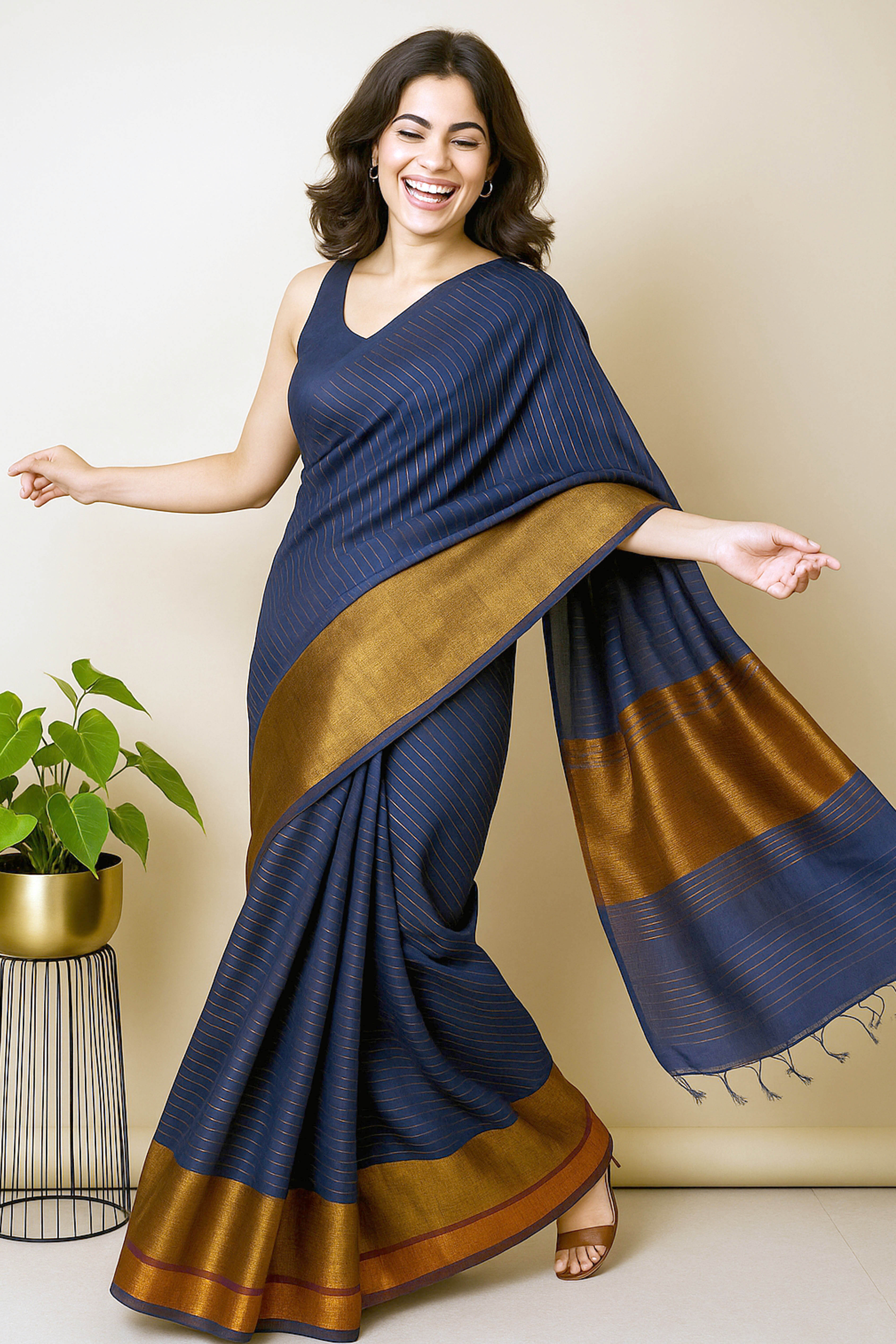 Navy Blue Zari Striped Saree - Indian Handloomz