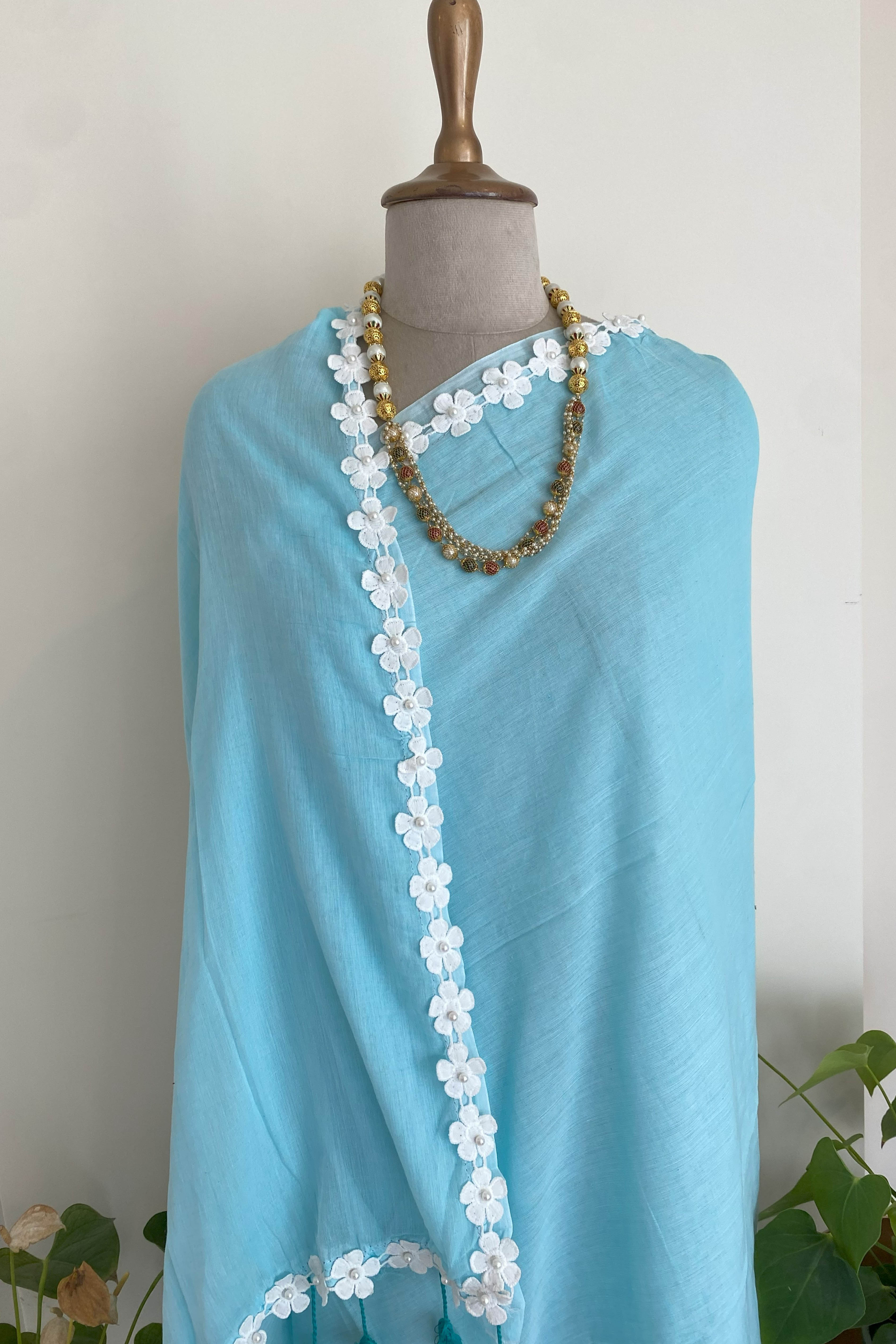 Neela Pure Mul Cotton Saree in Sky Blue with White Floral Lace - Indian Handloomz