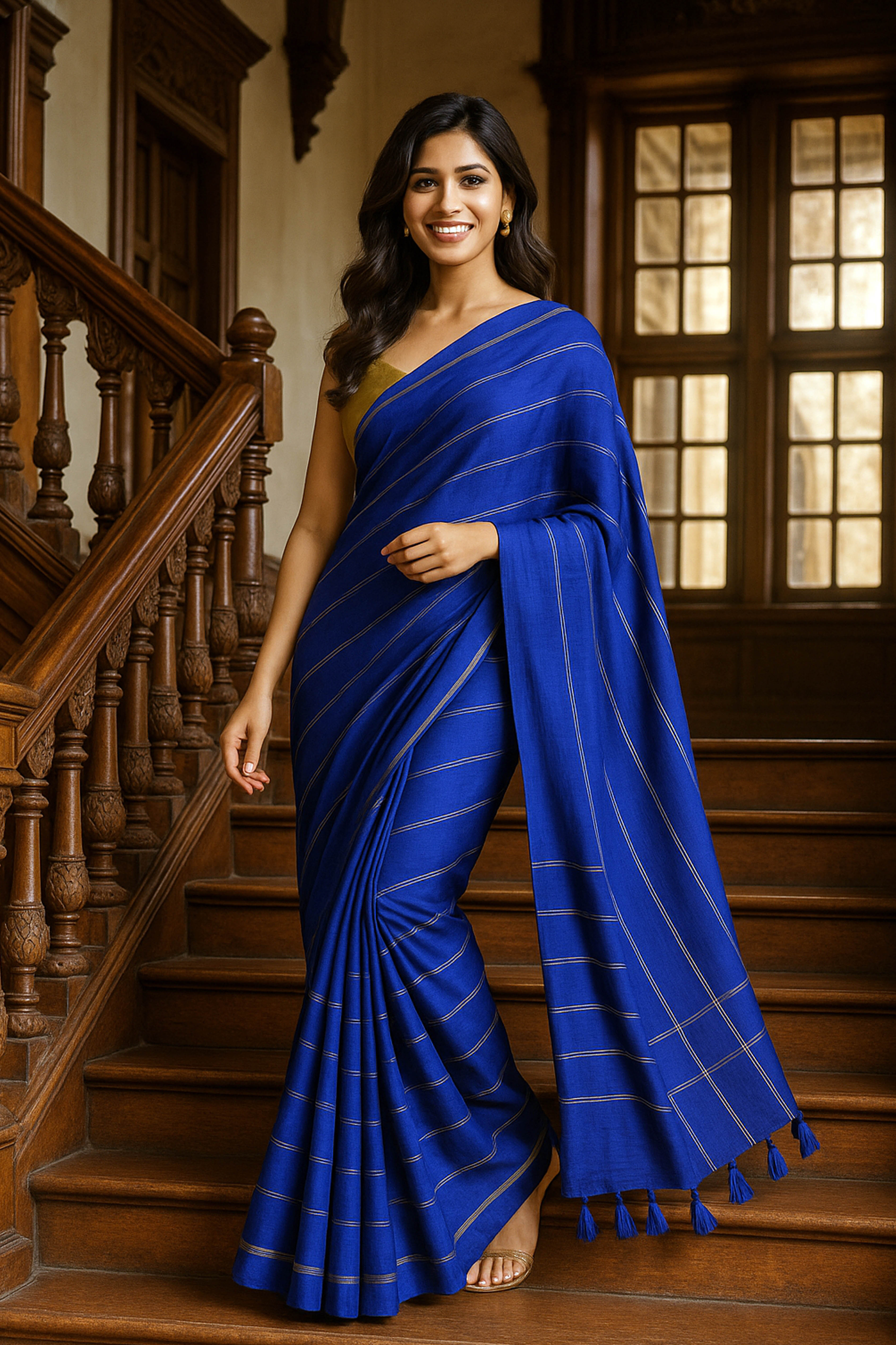 Nilima Pure Cotton Navy Blue Saree with Matt Gold Stripes - Indian Handloomz