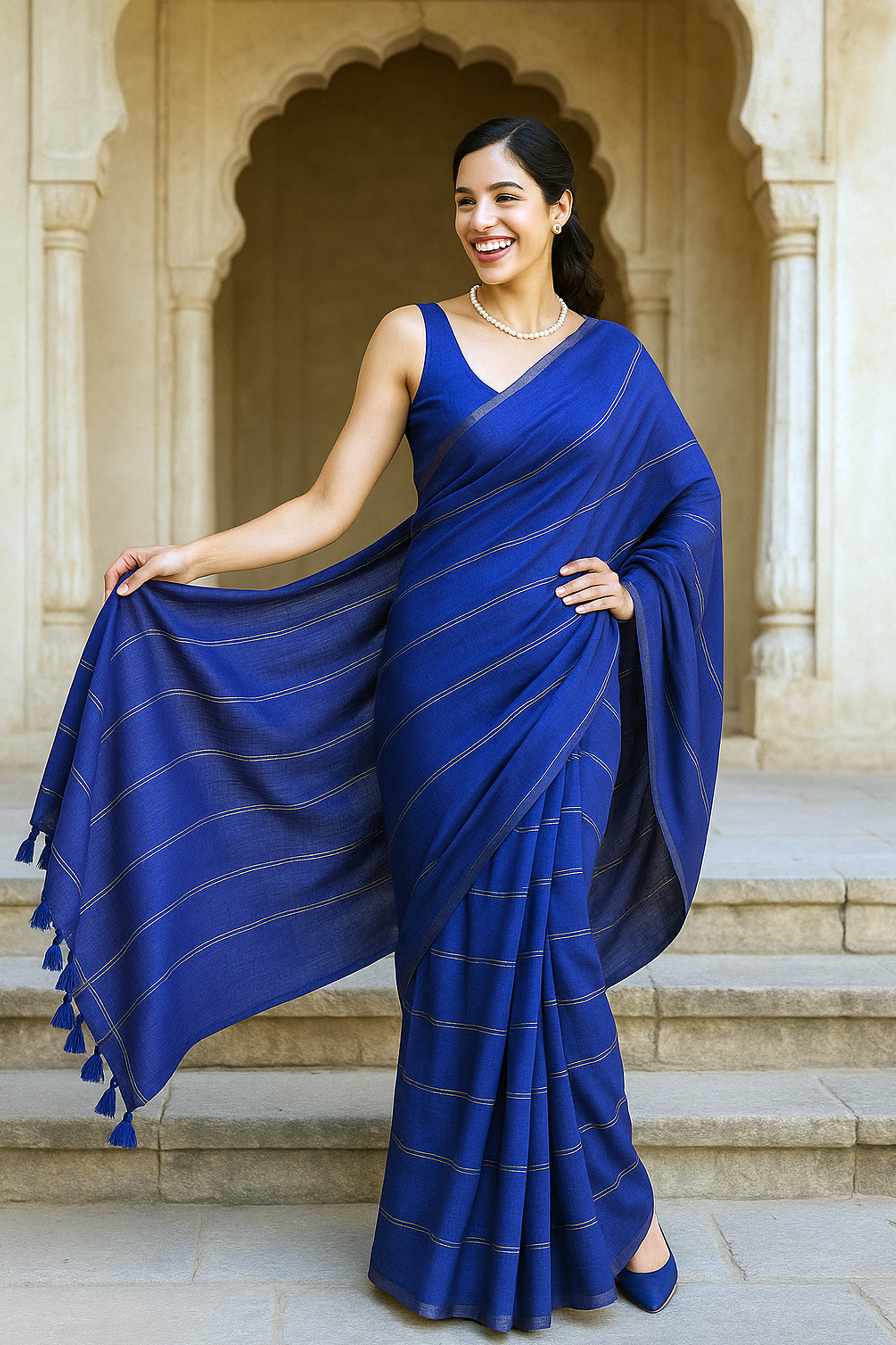 Nilima Pure Cotton Navy Blue Saree with Matt Gold Stripes - Indian Handloomz