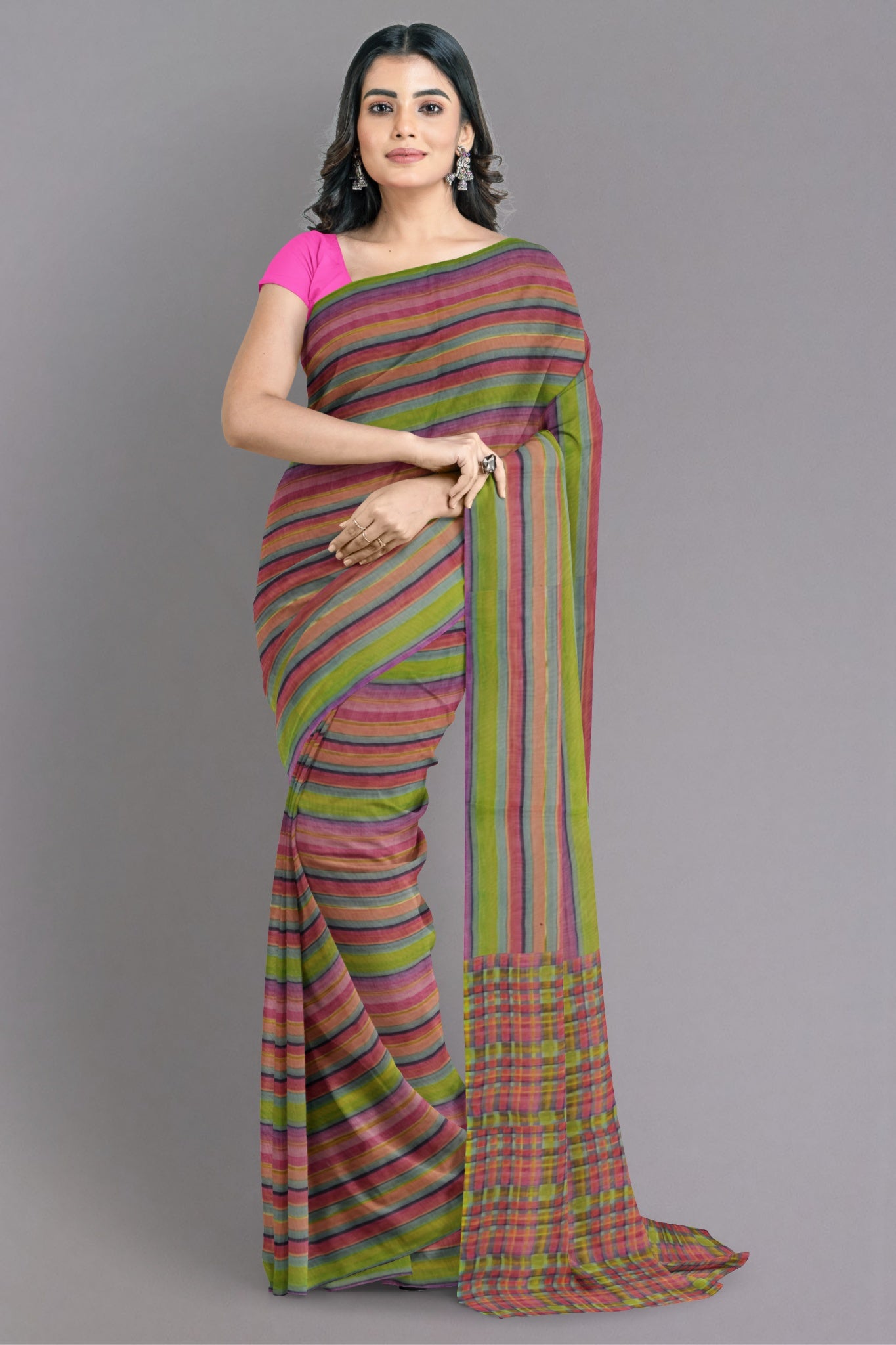 Kama Ethereal Organza Silk Saree in Multicolour with Hues of Green, Blue, Peach & Pink - Indian Handloomz