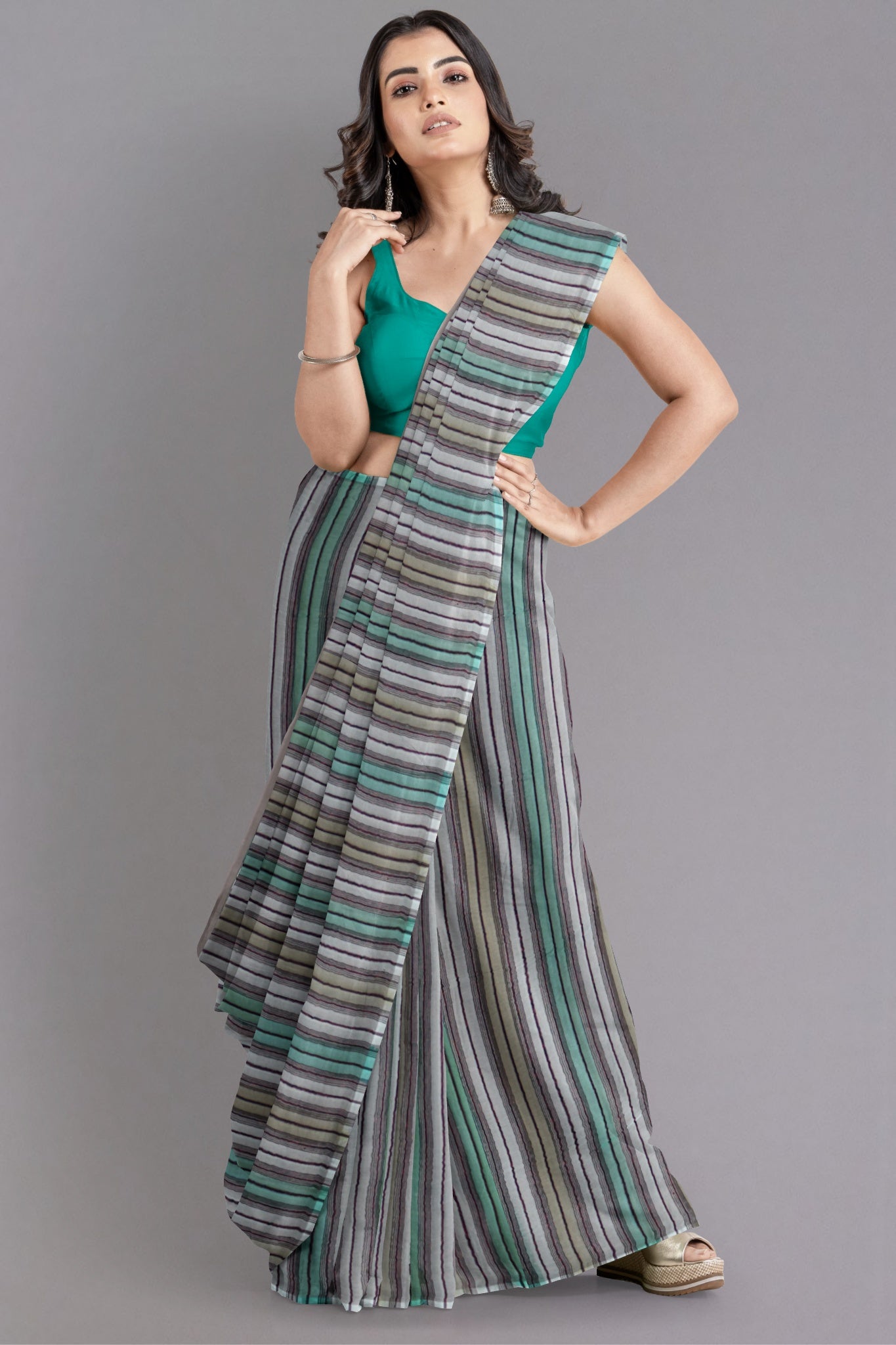 Lila Organza Silk Saree in Multi Colour with Hues of Green and Grey - Indian Handloomz