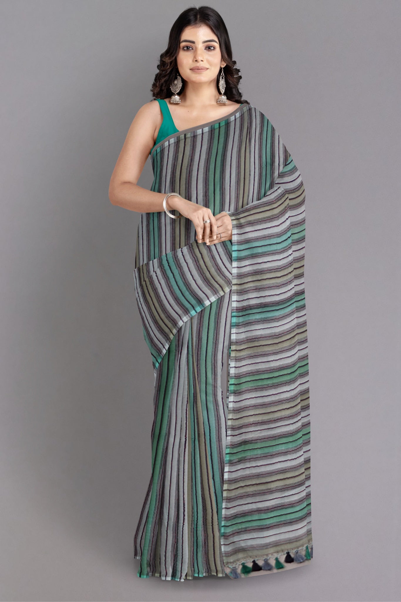 Lila Organza Silk Saree in Multi Colour with Hues of Green and Grey - Indian Handloomz