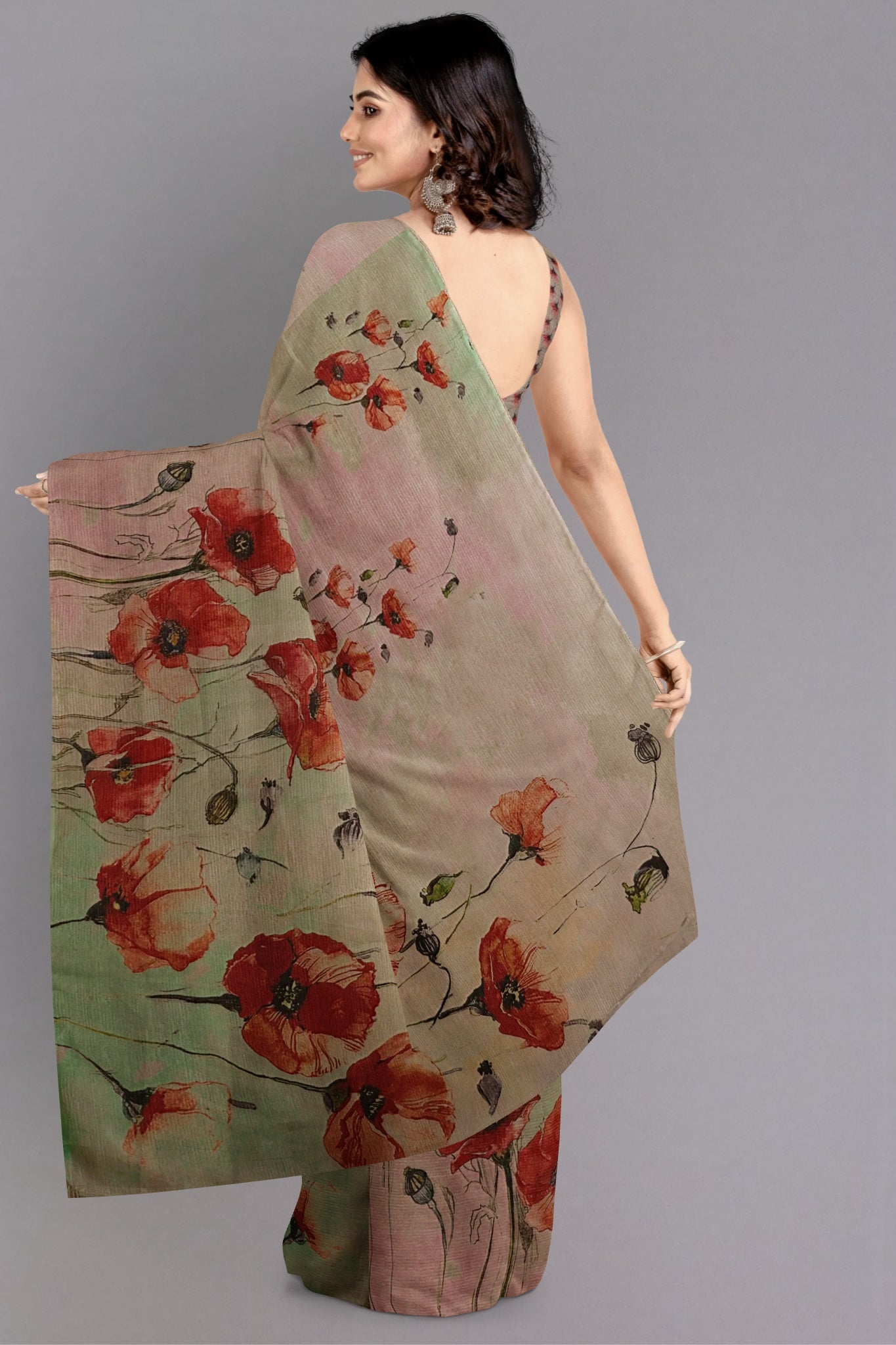 Aarya Organza Silk Saree in Multicolour with Hues of Green and Grey - Indian Handloomz