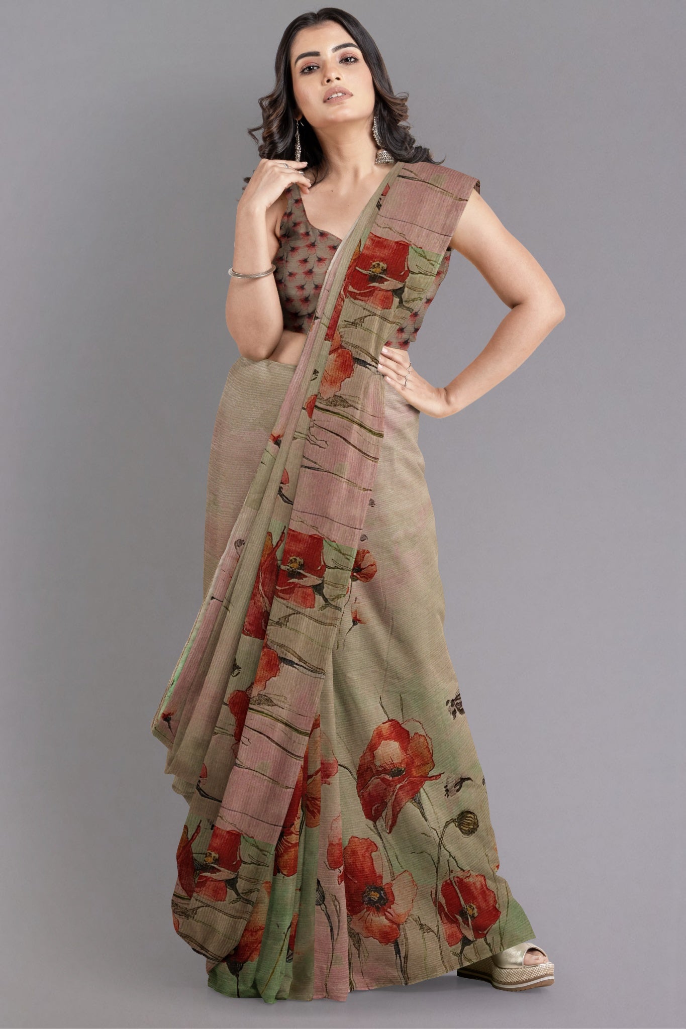 Aarya Organza Silk Saree in Multicolour with Hues of Green and Grey - Indian Handloomz