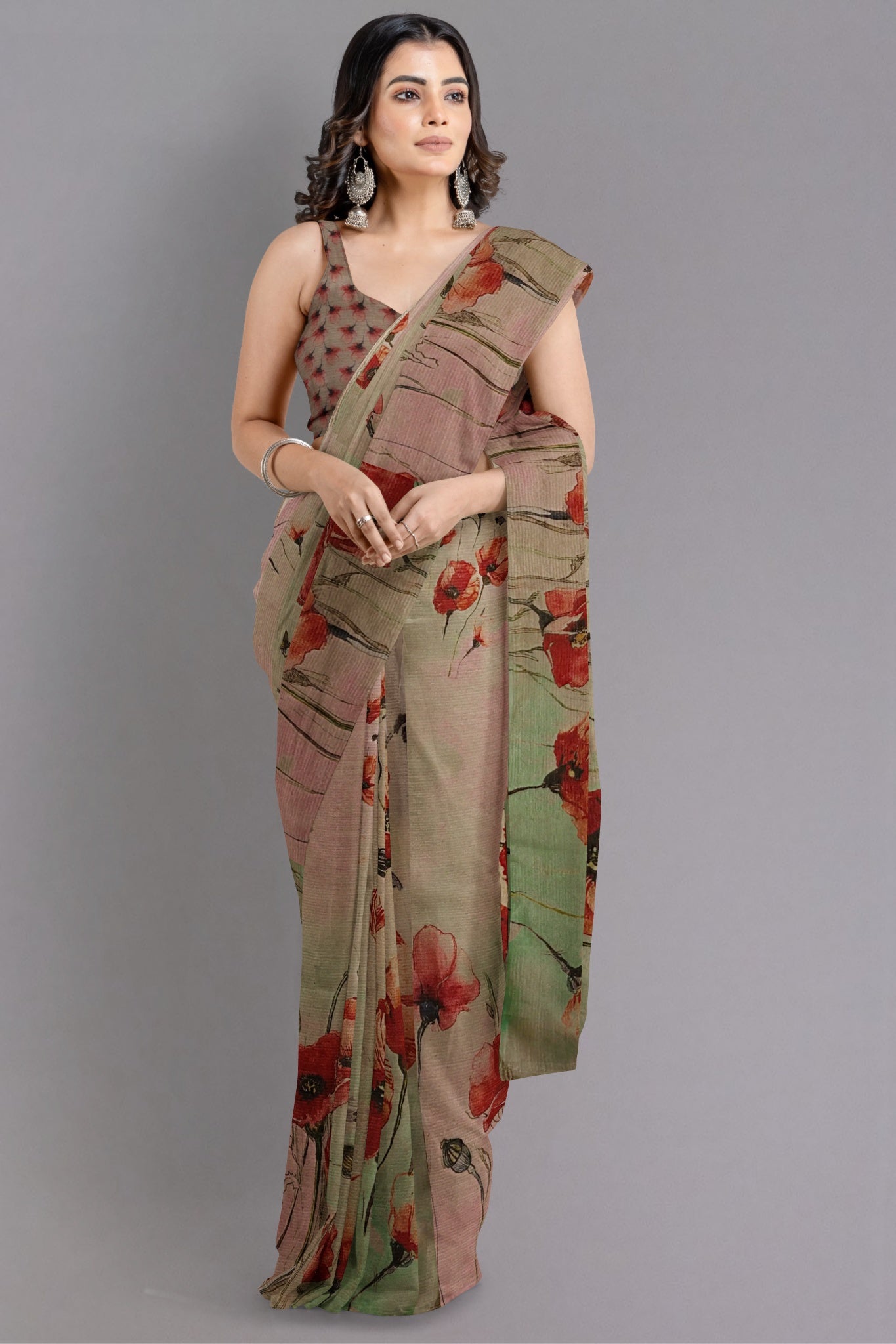 Aarya Organza Silk Saree in Multicolour with Hues of Green and Grey - Indian Handloomz