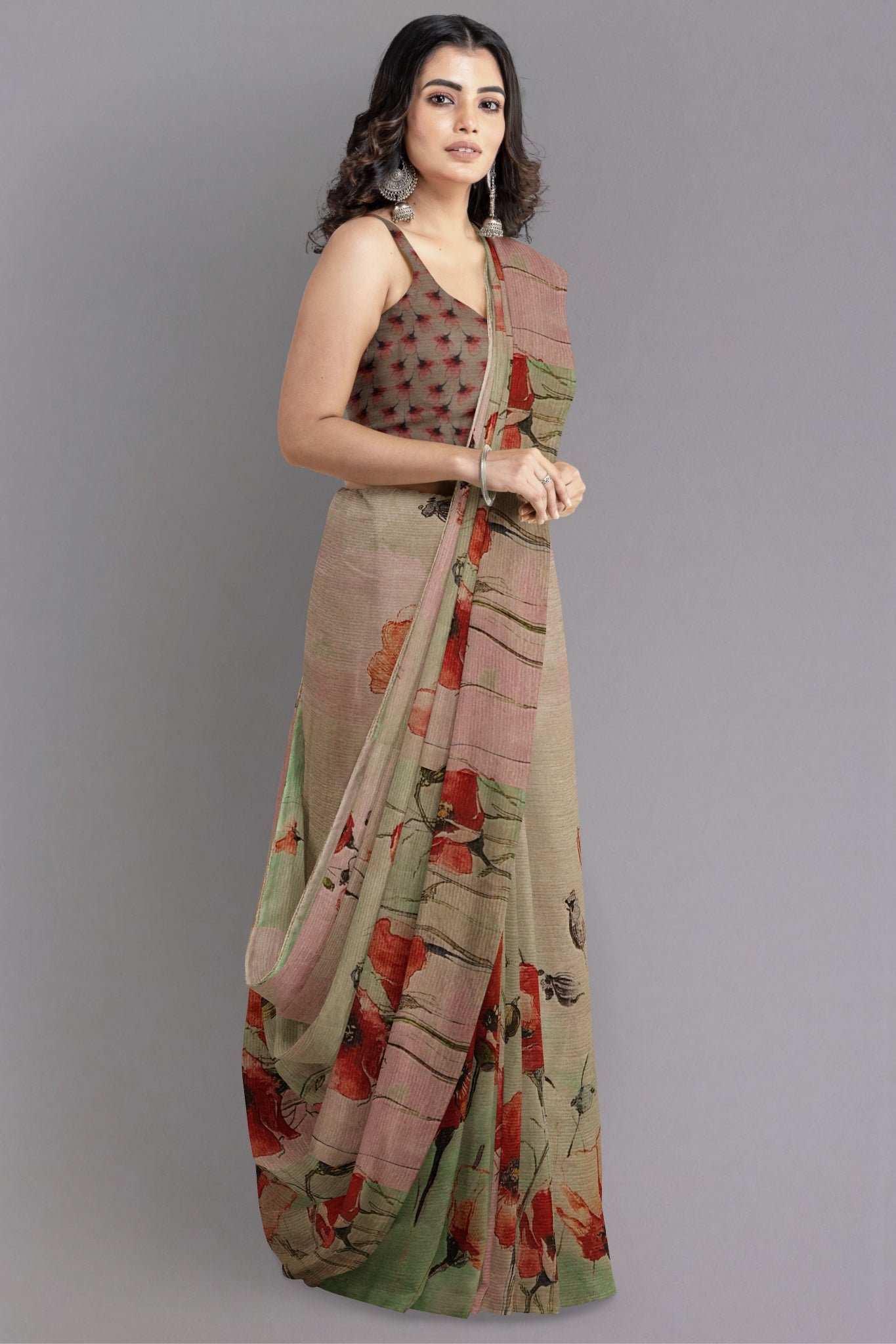 Aarya Organza Silk Saree in Multicolour with Hues of Green and Grey - Indian Handloomz