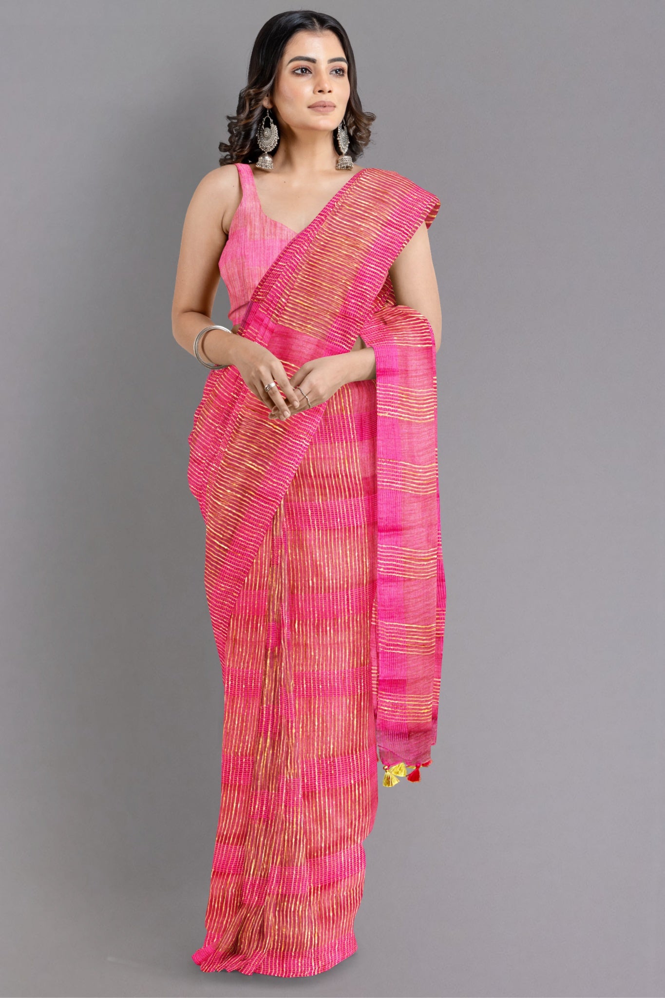 Mohini Harmoniously Ghicha Blended with Organza Saree in Dark Pink & Golden Zari Stripes - Indian Handloomz