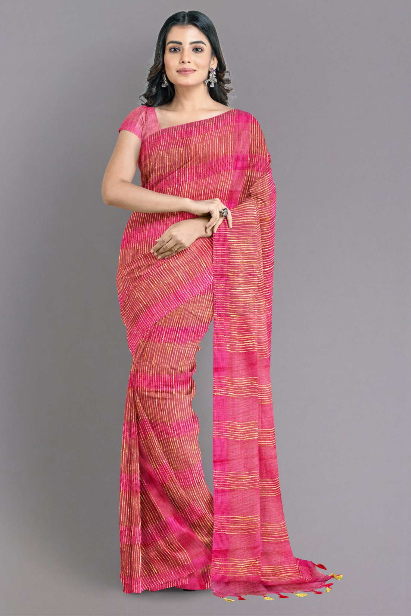 Mohini Harmoniously Ghicha Blended with Organza Saree in Dark Pink & Golden Zari Stripes - Indian Handloomz