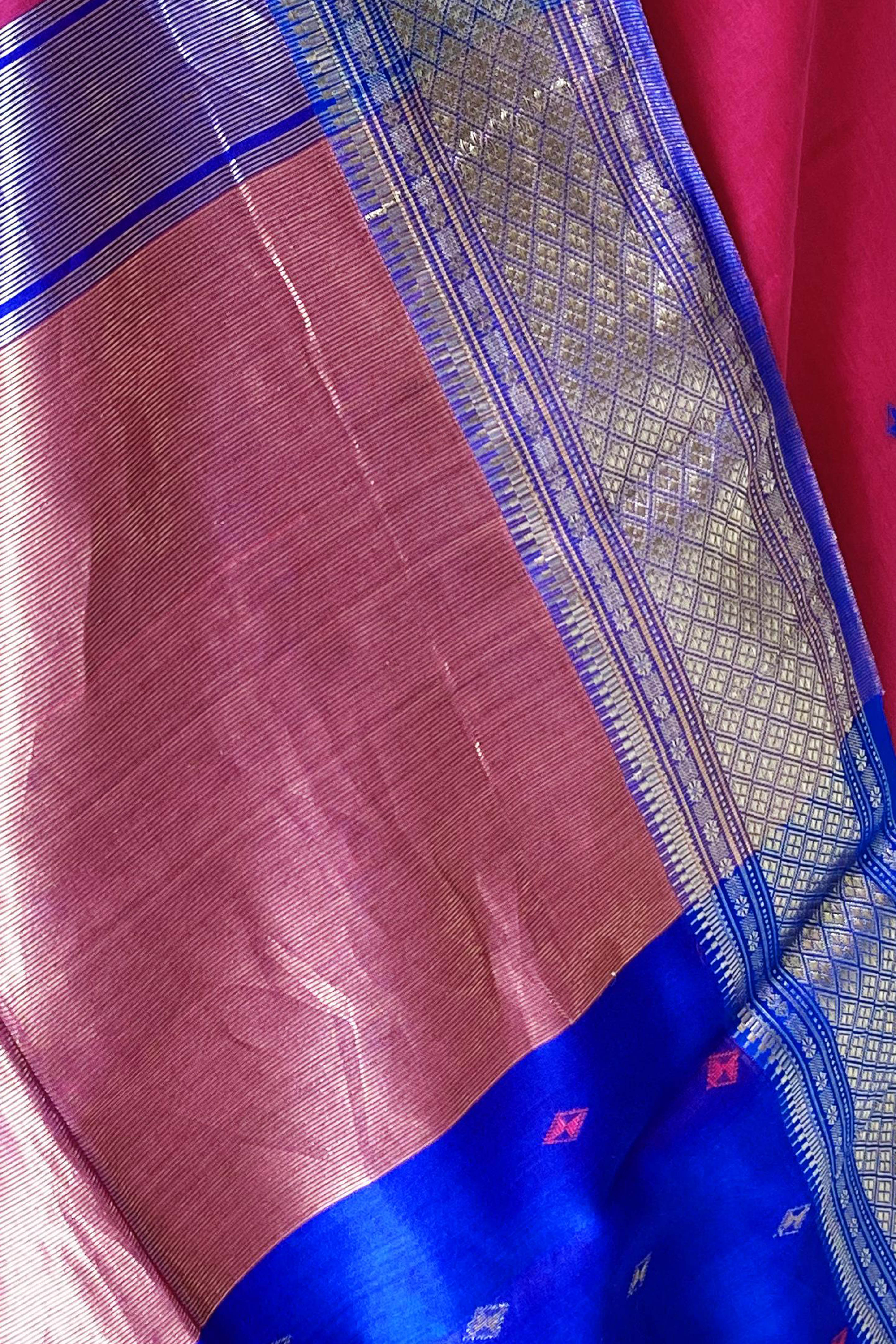 Ojasvi Pink & Blue Damru Butti Maheshwari Silk Cotton Saree