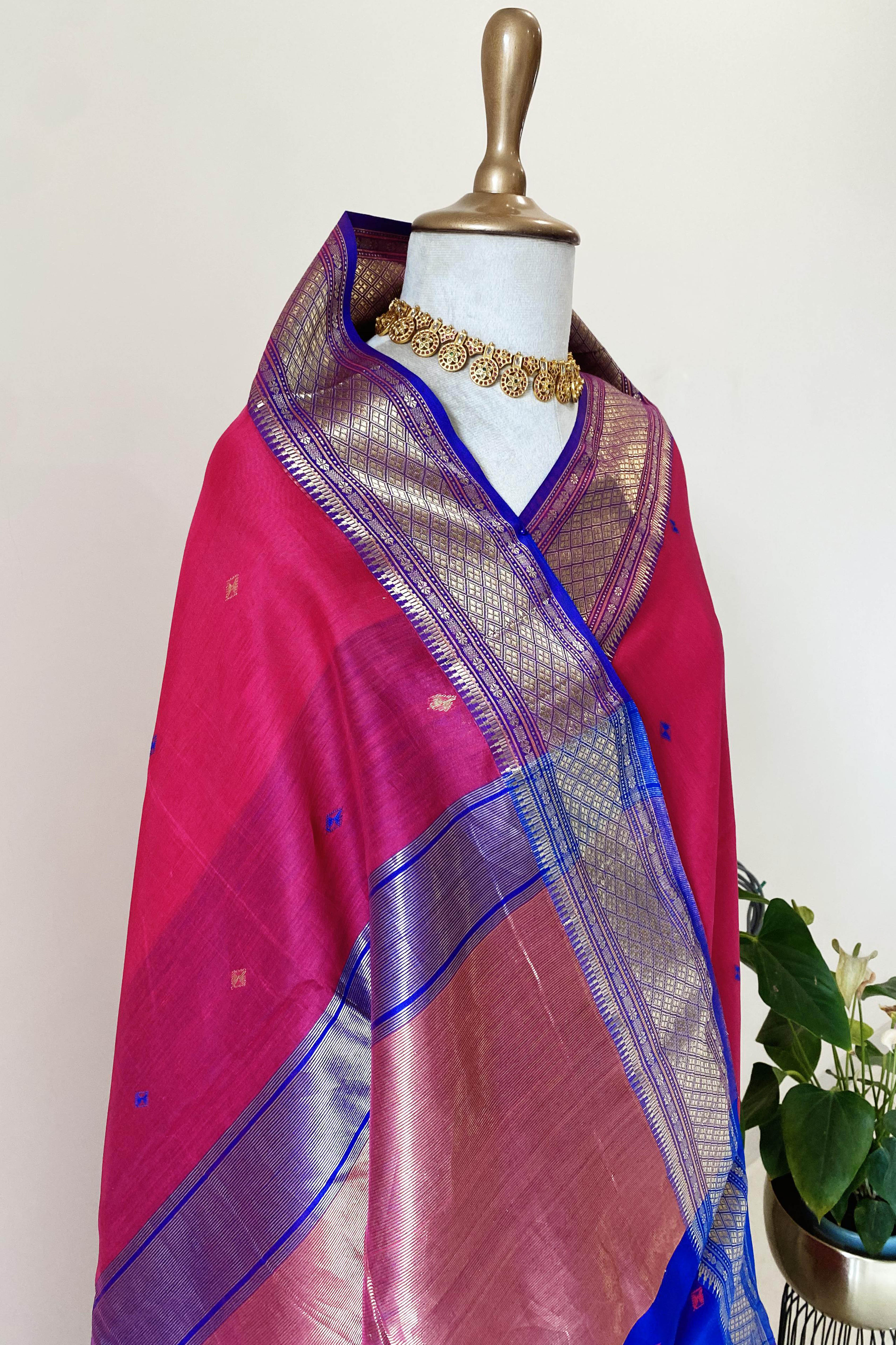 Ojasvi Pink & Blue Damru Butti Maheshwari Silk Cotton Saree