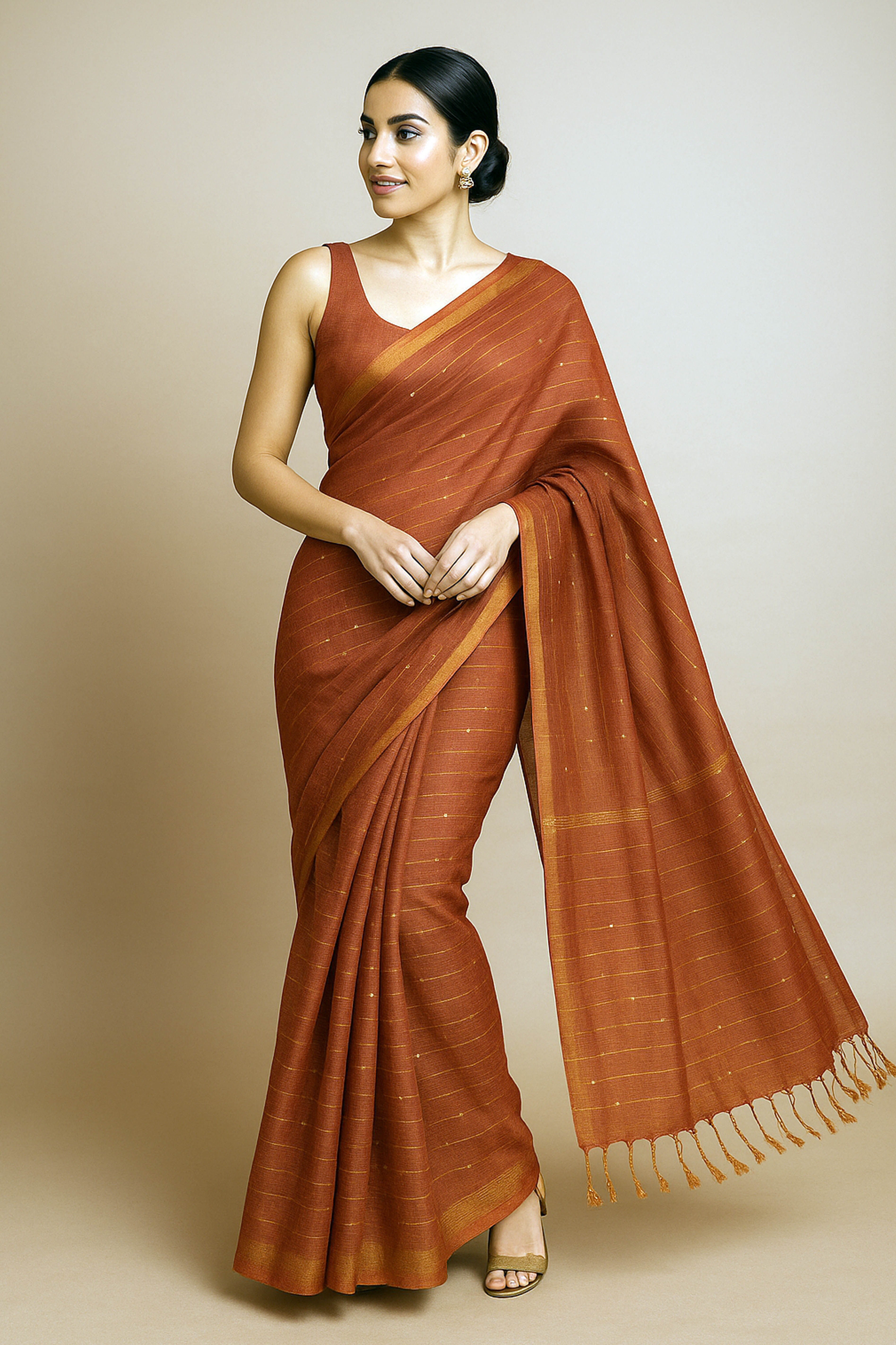 Orange Colour Tissue Linen Jamdani Saree - Indian Handloomz