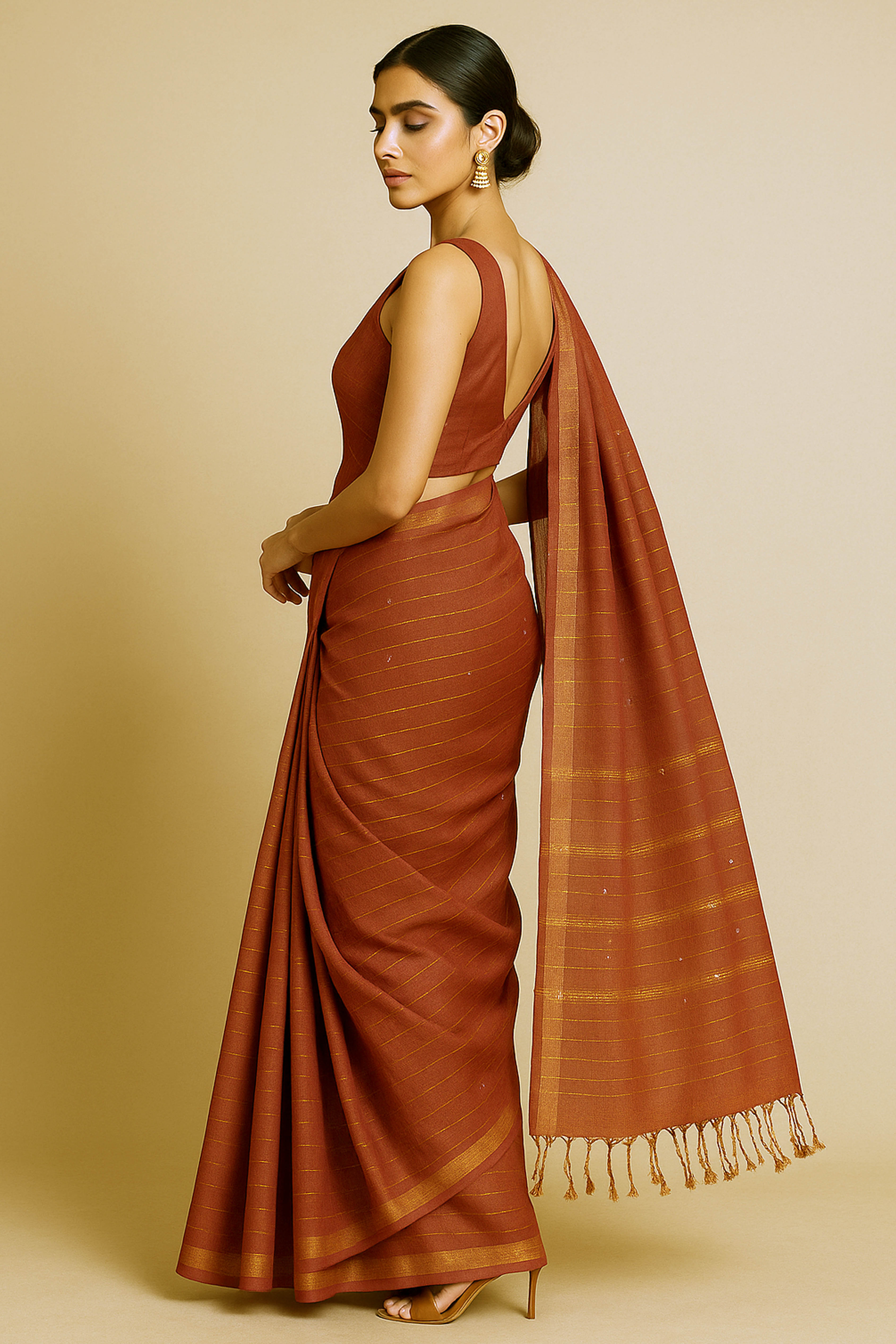 Orange Colour Tissue Linen Jamdani Saree - Indian Handloomz