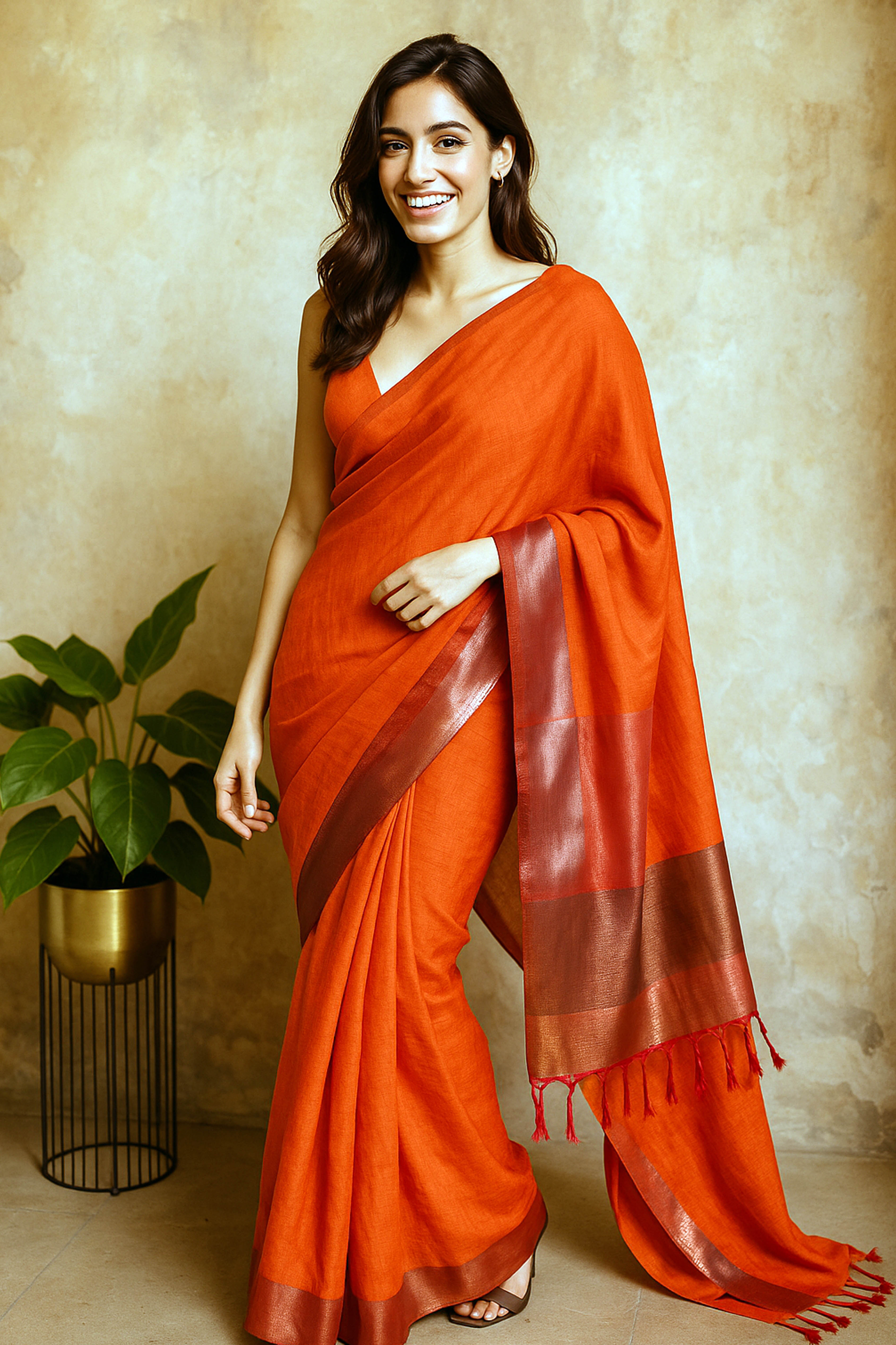 Cotton Saree in Orange with Tissue Pallu - Indian Handloomz