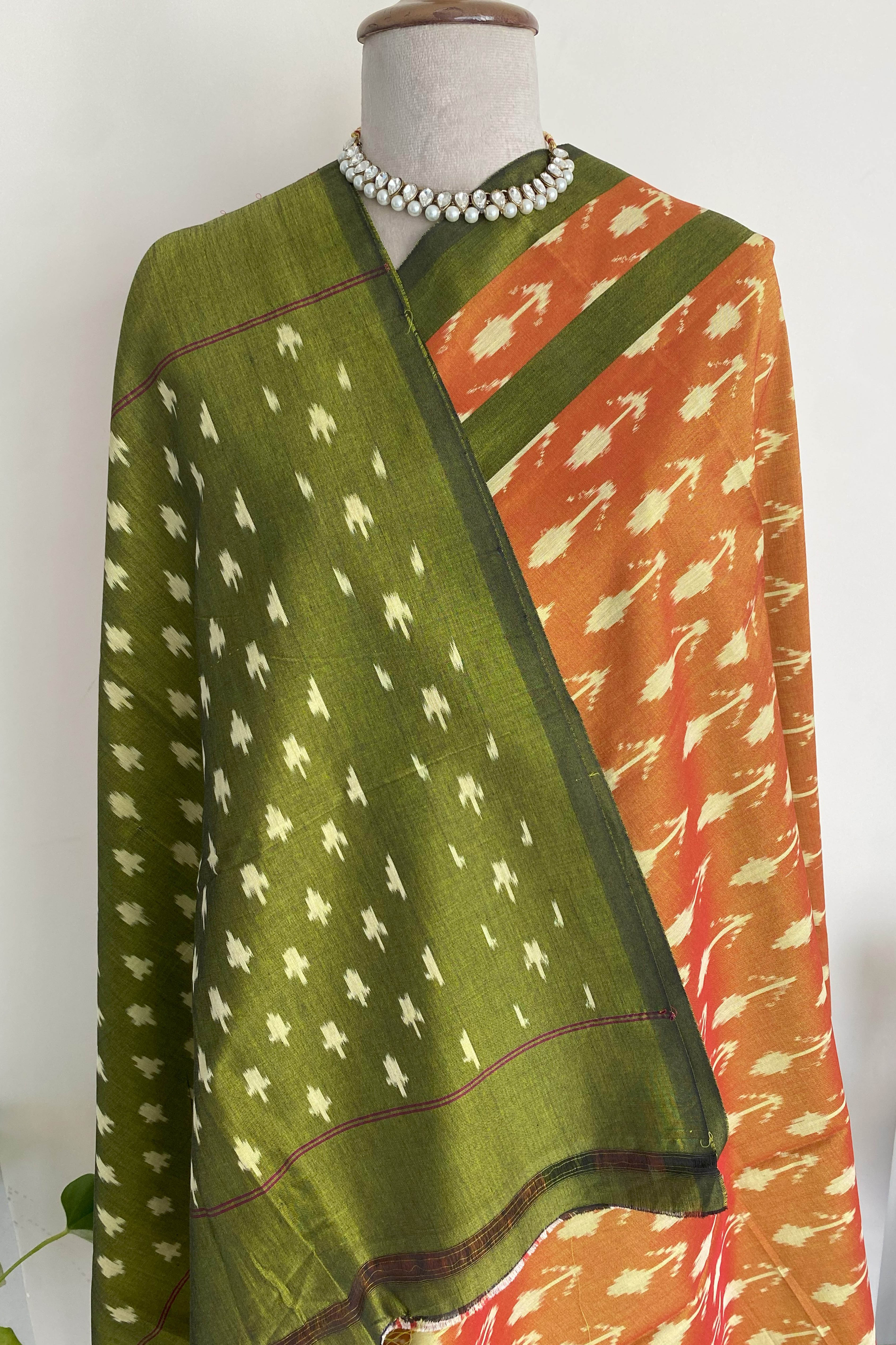 Orange & Dark Olive Green Cotton Silk Ikkat Saree - Indian Handloomz