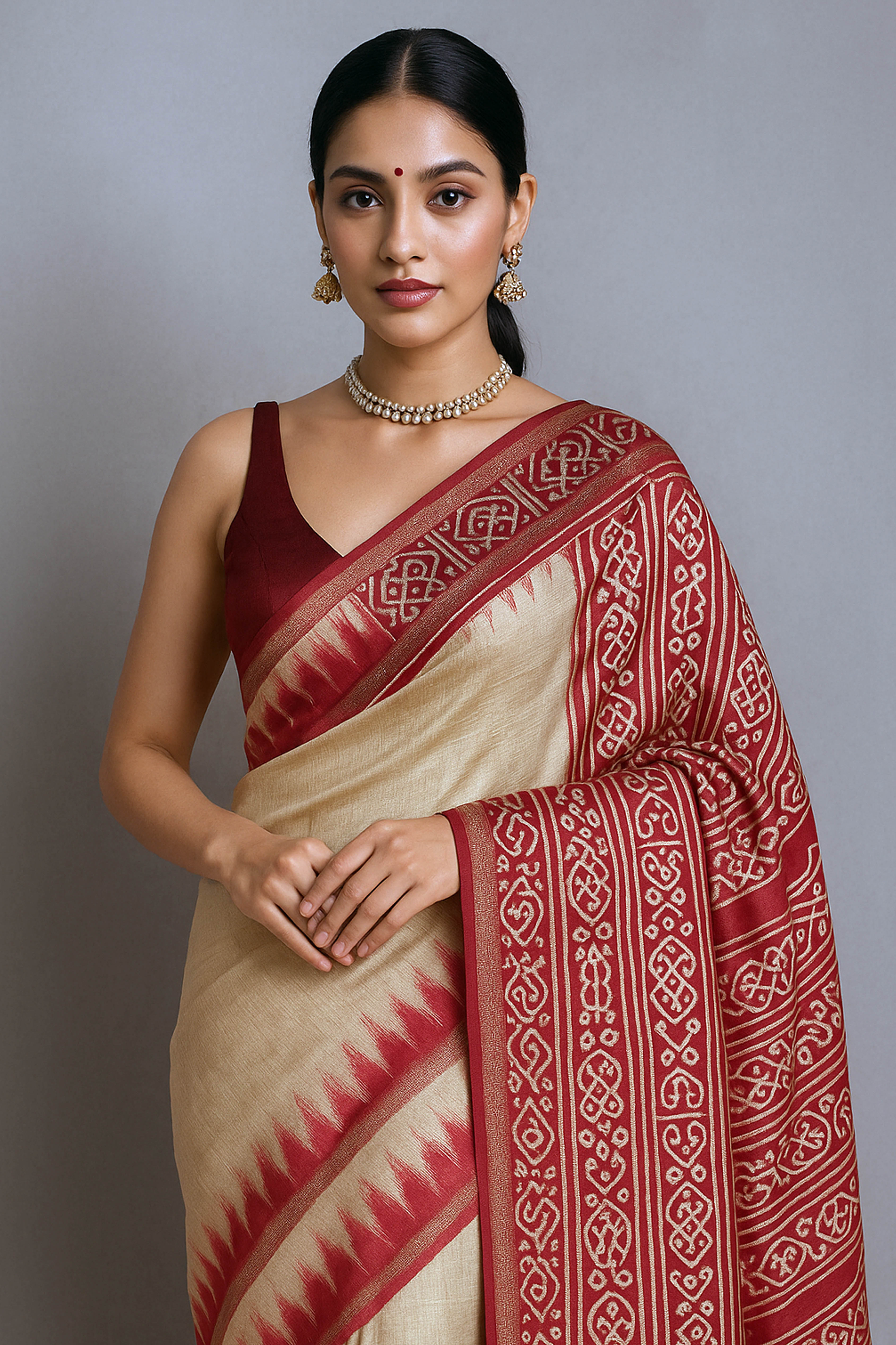 Vansi Pure Ghicha Tussar Silk Saree in Ikkat Design Beige & Red - Indian Handloomz